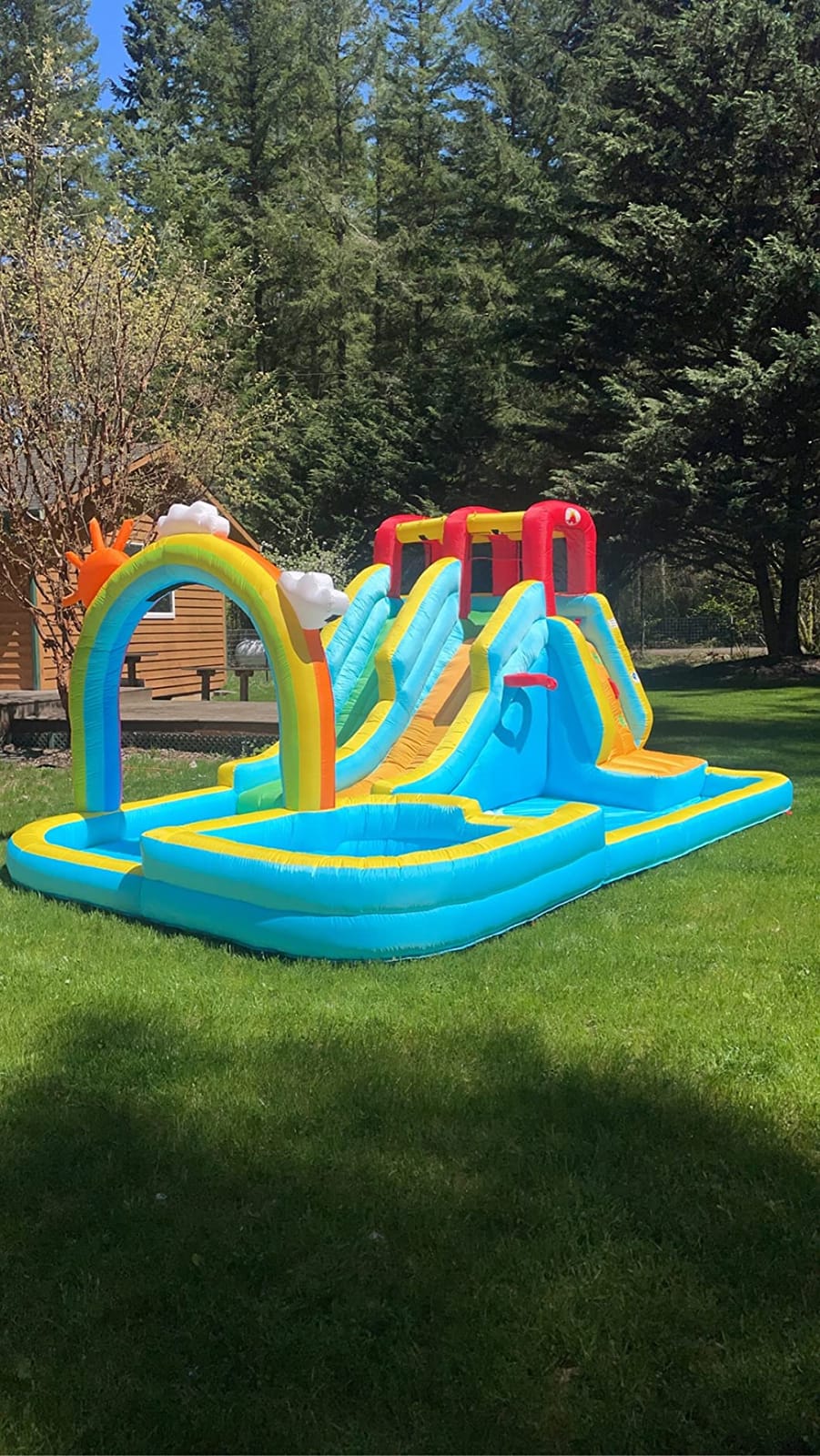 WELLFUNTIME Inflatable Water Double Slides Park with Blower, Bouncy Castle with Rainbow Water Curtain, with Shooting and Rock Climbing customer photo 2