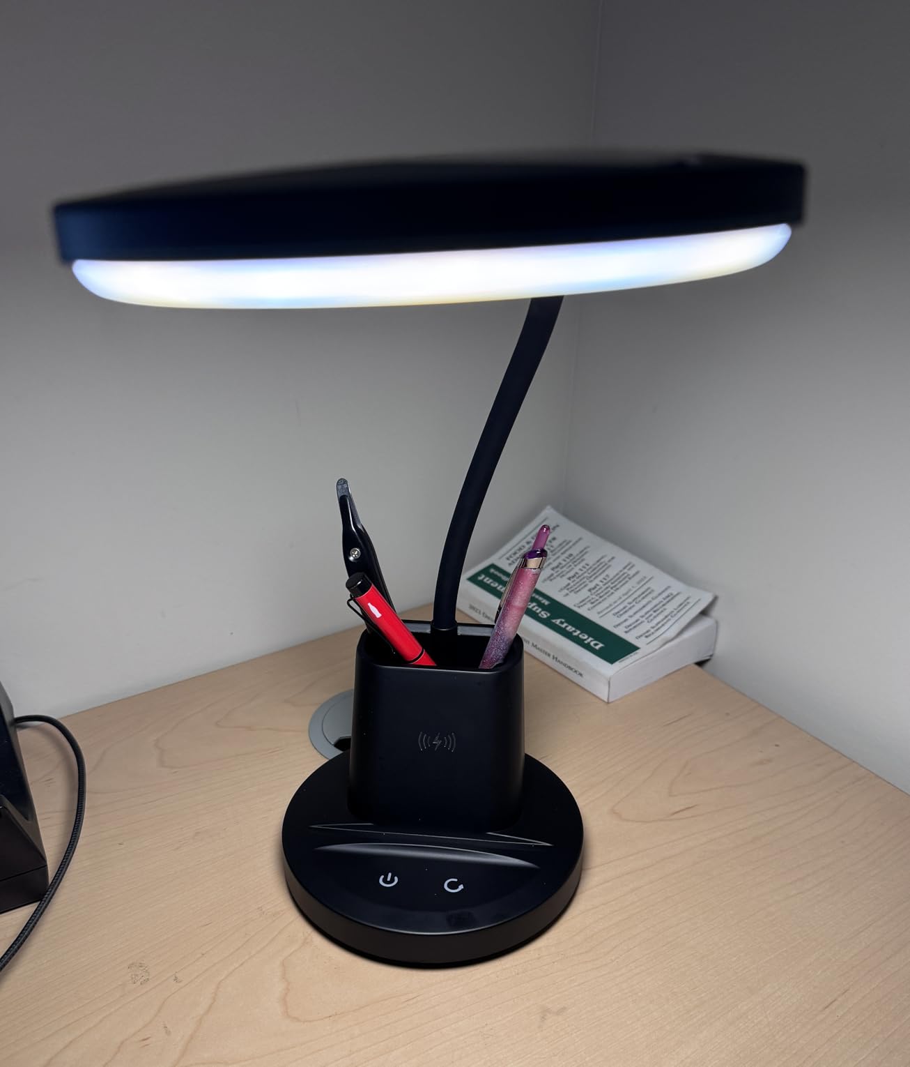 LED Desk Lamp with Wireless Charger for Home Office, Black | 3 Color Modes Dimmable Eye-Caring Study Desk Light for College Dorm Room, 360 Flexible Arm, Built-in Pen Holder, 800 Lumen customer photo 1