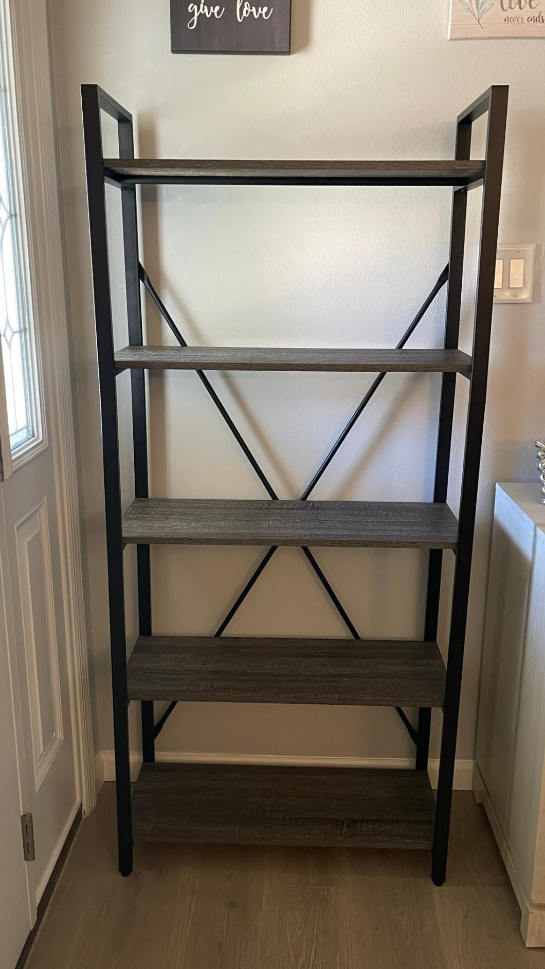 Industrial Bookshelf, Etagere Bookcases and Book Shelves 5 Tier, Rustic Wood and Metal Shelving Unit (Rustic Oak) customer photo 2