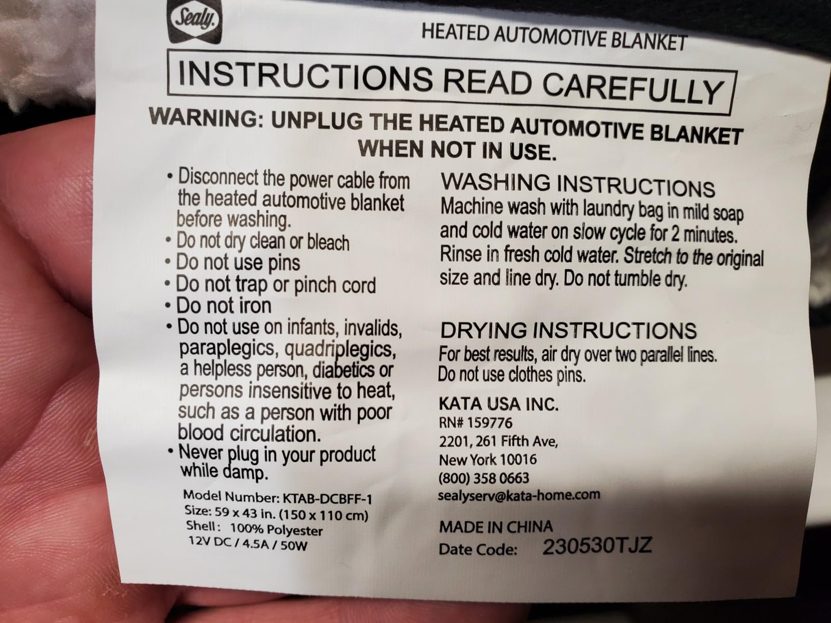 Sealy 12-Volt Electric Portable Heated Car Blanket, 59