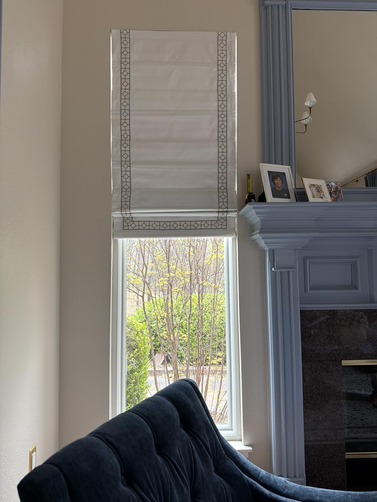 Cordless Roman Shades, Blackout Roman Shades, White Embroidered Blue Border Window Shades for Windows, Doors, Kitchen Windows customer photo 1