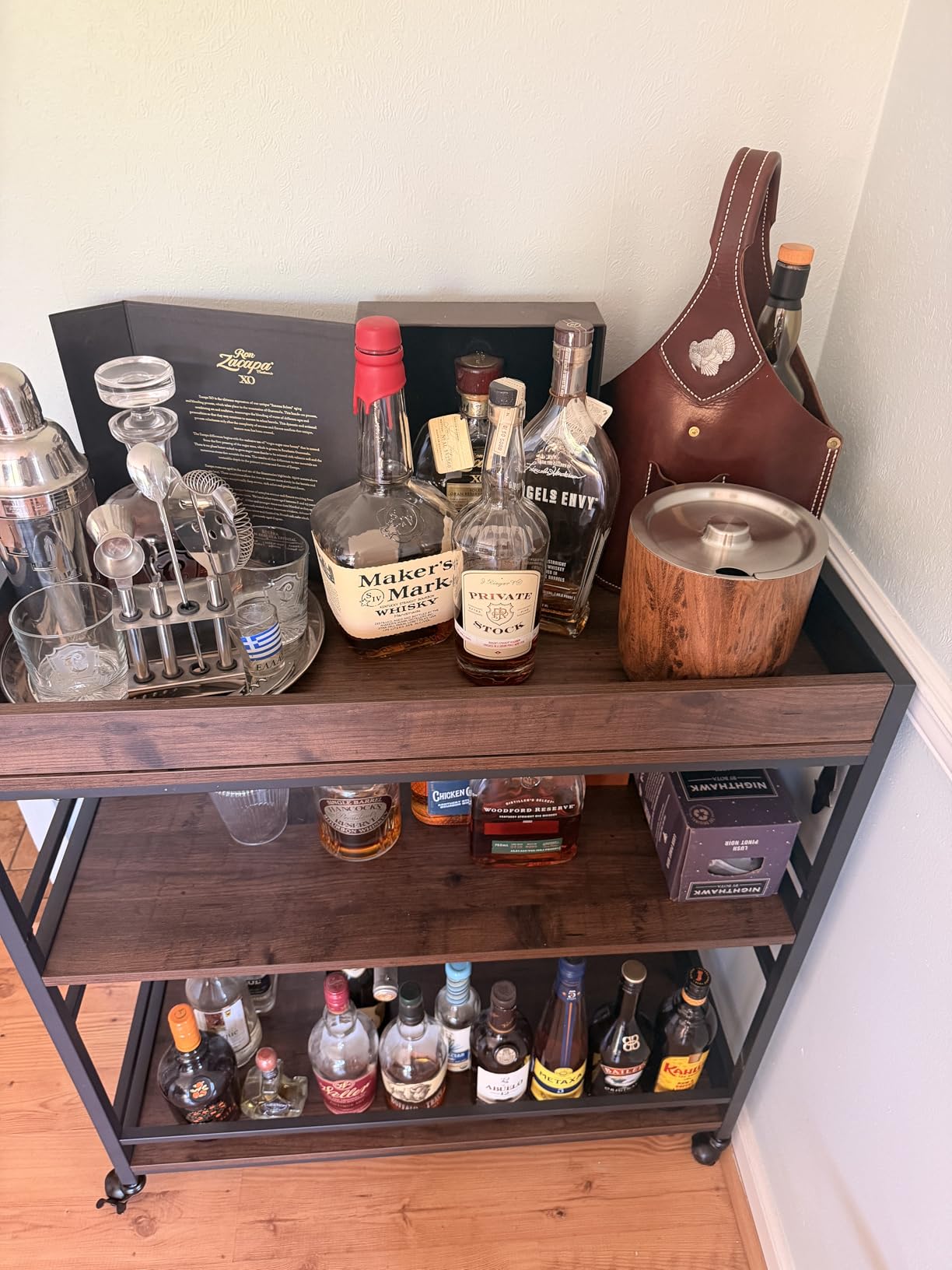 BON AUGURE Bar Cart for The Home, Rolling Home Bar Serving Cart on Wheels, 3 Tier Liquor Beverage Carts with Wine Rack and Glass Holder (Rustic Oak) customer photo 2