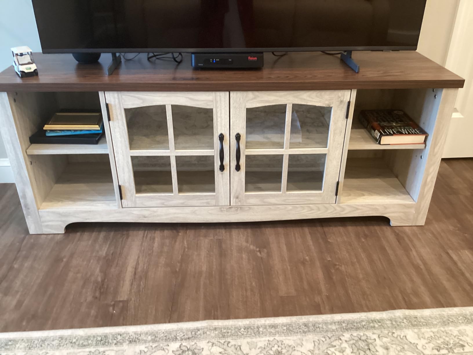 LINSY HOME Farmhouse TV Stand for 65 Inch TV, Wood Entertainment Center with Glass Door Storage Cabinet & Adjustable Shelves, Large Sturdy TV Console Table for Living Room Bedroom customer photo 2