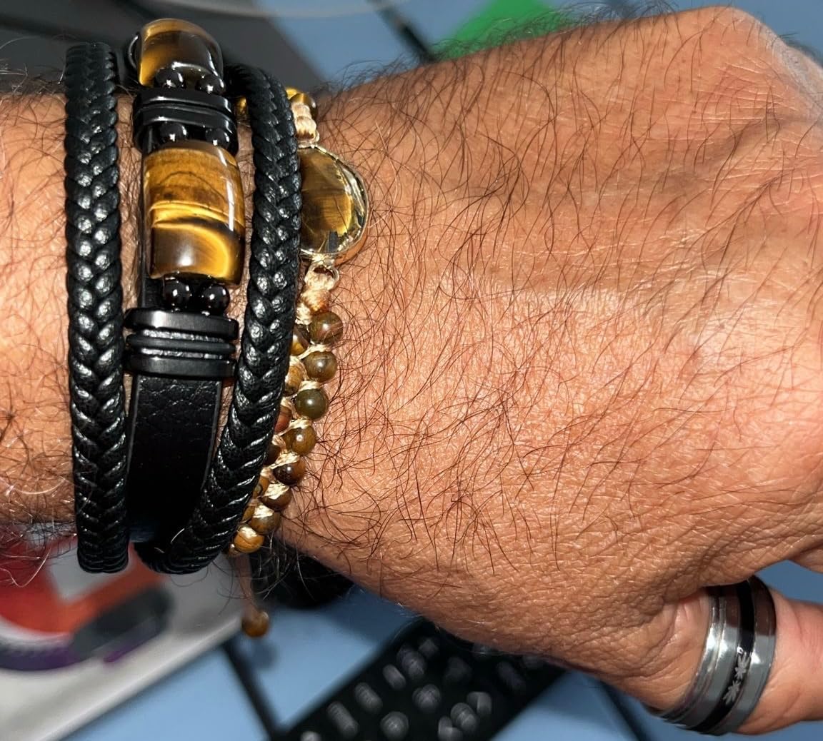 Tiger Eye Black Leather Bracelet Men Natural Tiger Eye Gemstone Crystal Stone Jewelry Handmade Courage And Stress Relief Protection Bracelet customer photo 1