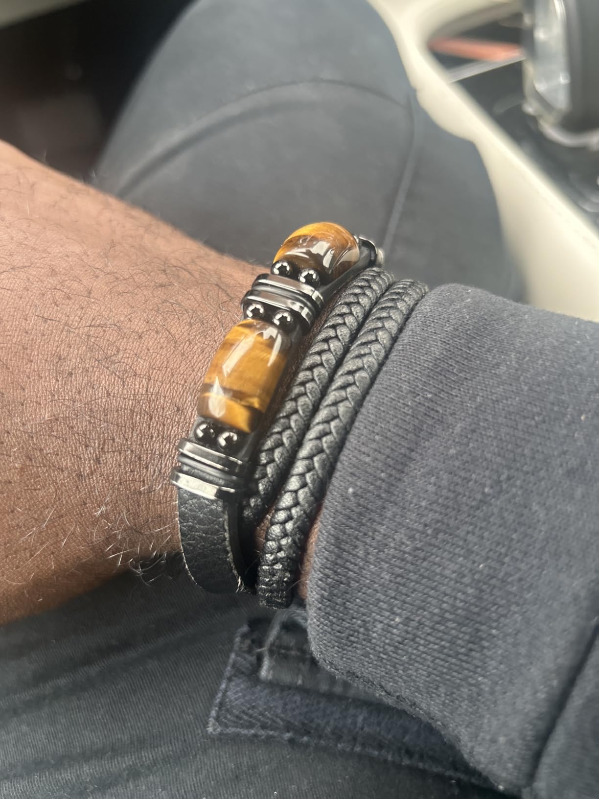 Tiger Eye Black Leather Bracelet Men Natural Tiger Eye Gemstone Crystal Stone Jewelry Handmade Courage And Stress Relief Protection Bracelet customer photo 2