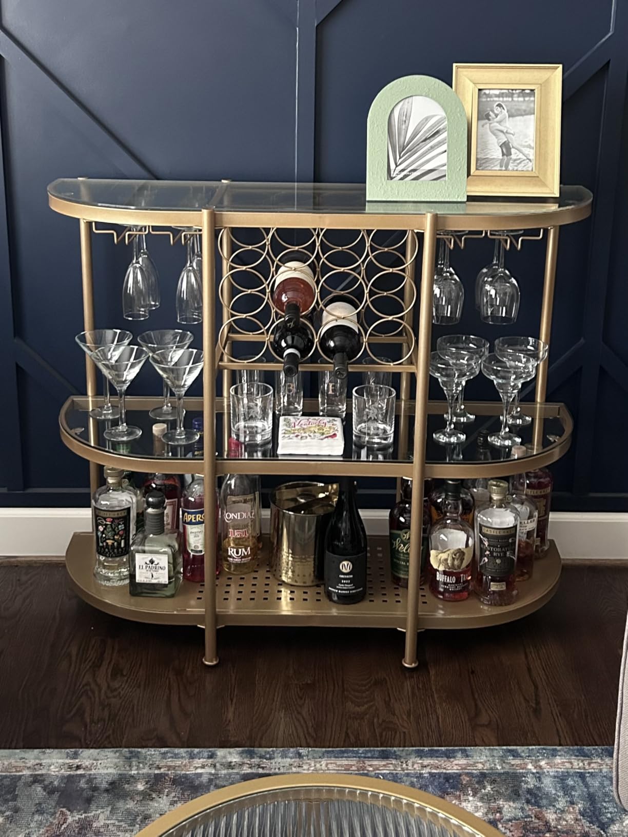 O&K FURNITURE Home Bar Table with Wine Racks, 3 Tier Wine Bar Table with Glass Holders, Wine Cabinet with Open Shelf, Liquor Bar Coffee Bar Table for Living Room Kitchen, Gold customer photo 2