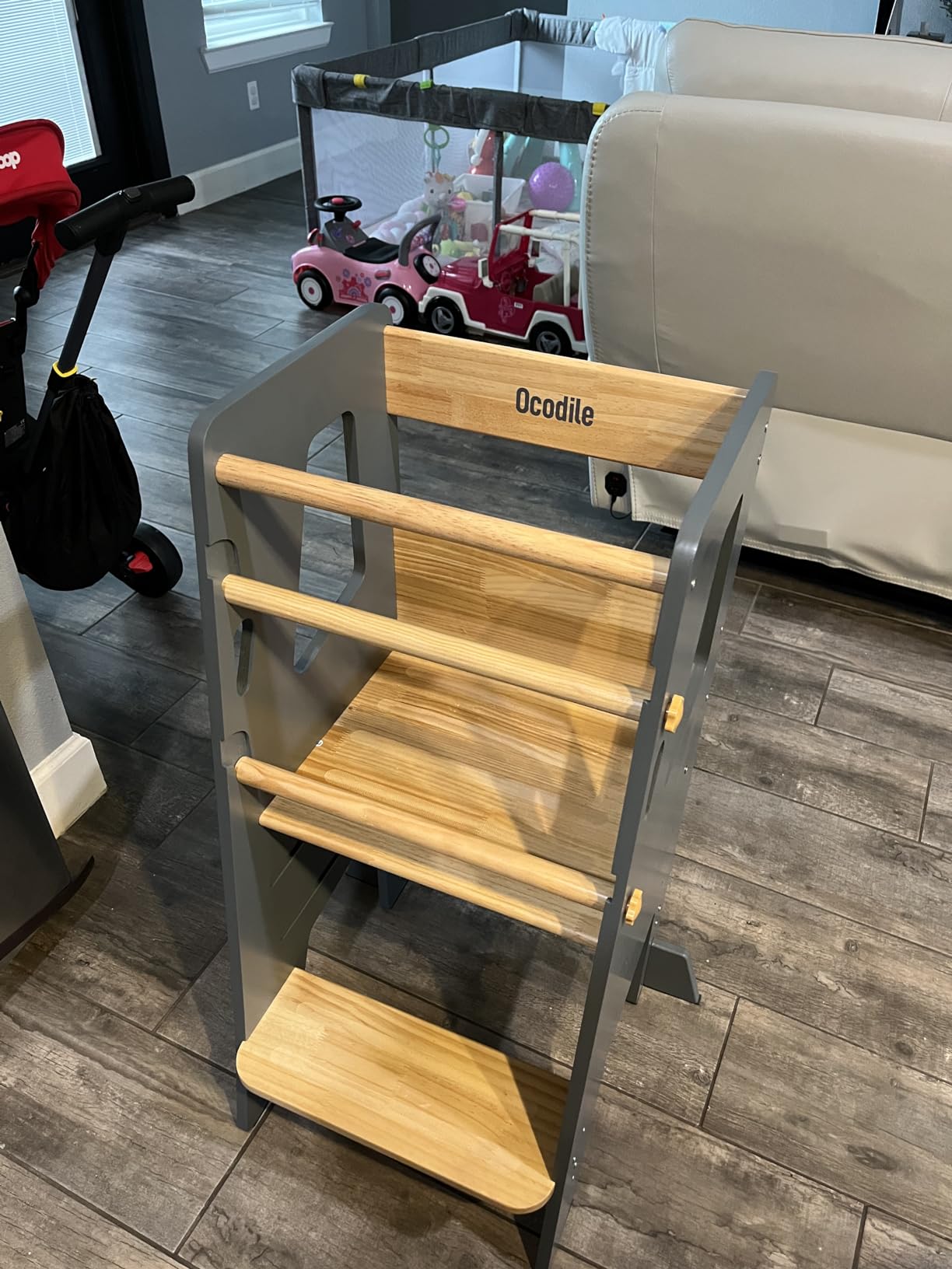 Toddler Standing Tower with 3 Safety Bars - Kitchen Stool Helper - White | Non-slip strips for the steps and padded support feet for stability customer photo 1