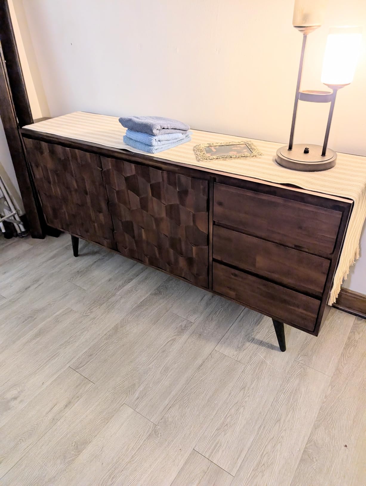 Bme Sideboard Georgina Solid Wood 2 Doors & 3 Drawers, 61'' Mid Century Modern Cabinet with Geometric Pattern for Kitchen, Dining, Living Room customer photo 2