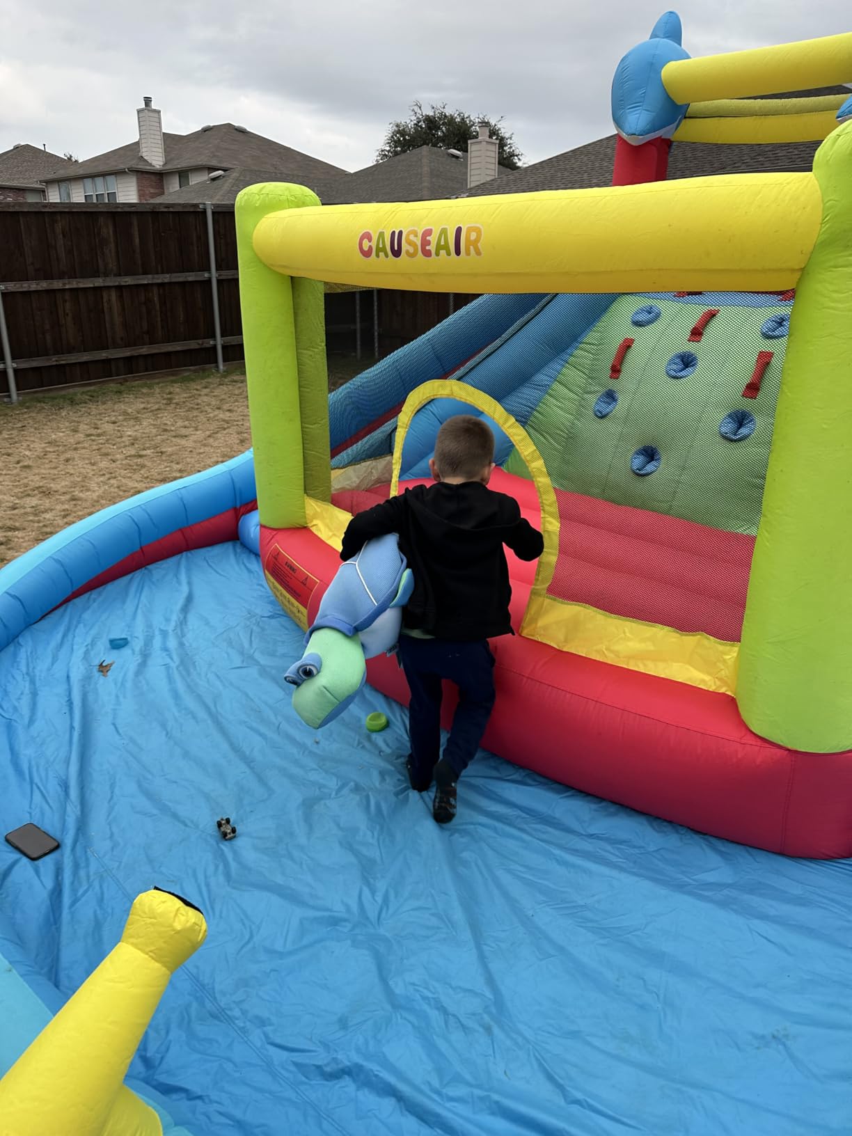 Causeair Inflatable Water Slide with Bounce House, Dolphin Styling, Splashing Pool, Double Water Cannon, Climbing Wall, Heavy Duty Air Blower, Inflatable Water Park Slide for Kids Backyard Summer customer photo 2