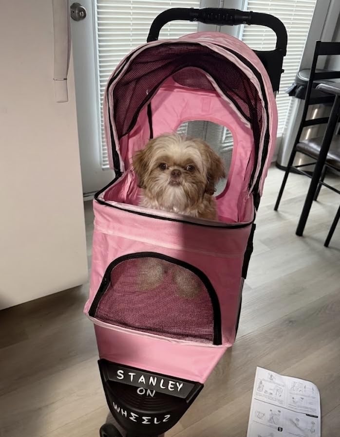 MoNiBloom Pet Stroller for Small/Medium Dogs and Cats up to 33 lbs, Blue | Foldable Dog Stroller 3 Wheels Pet Strolling Cart w/ Storage Basket Cup Holder, Breathable and Visible Mesh for All-Season customer photo 1