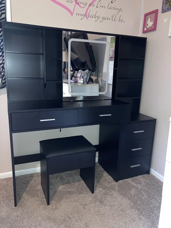 Fameill Vanity Desk with Mirror and Lights, Makeup Vanity with 5 Drawers, Makeup Desk with Charging Station and Ample Storage, Dressing Table with Chair for Bedroom (White) customer photo 2