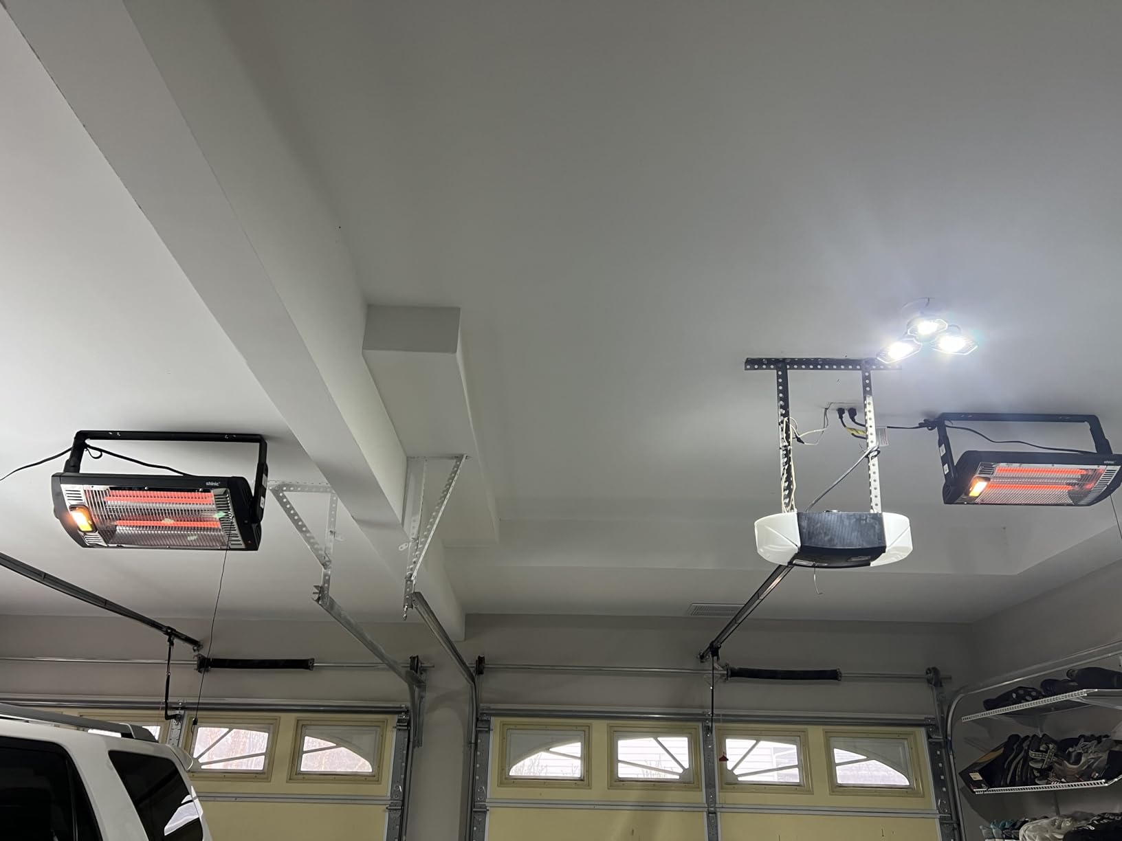 Shinic 2 Packs Electric Garage Heaters, 1500W/750W Ceiling Mounted Heater Radiant Heaters with Halogen Light, 90 Degree Rotation, 5 Mode Settings, Space Heater for Garage, Shop, Large Room and Patio customer photo 2