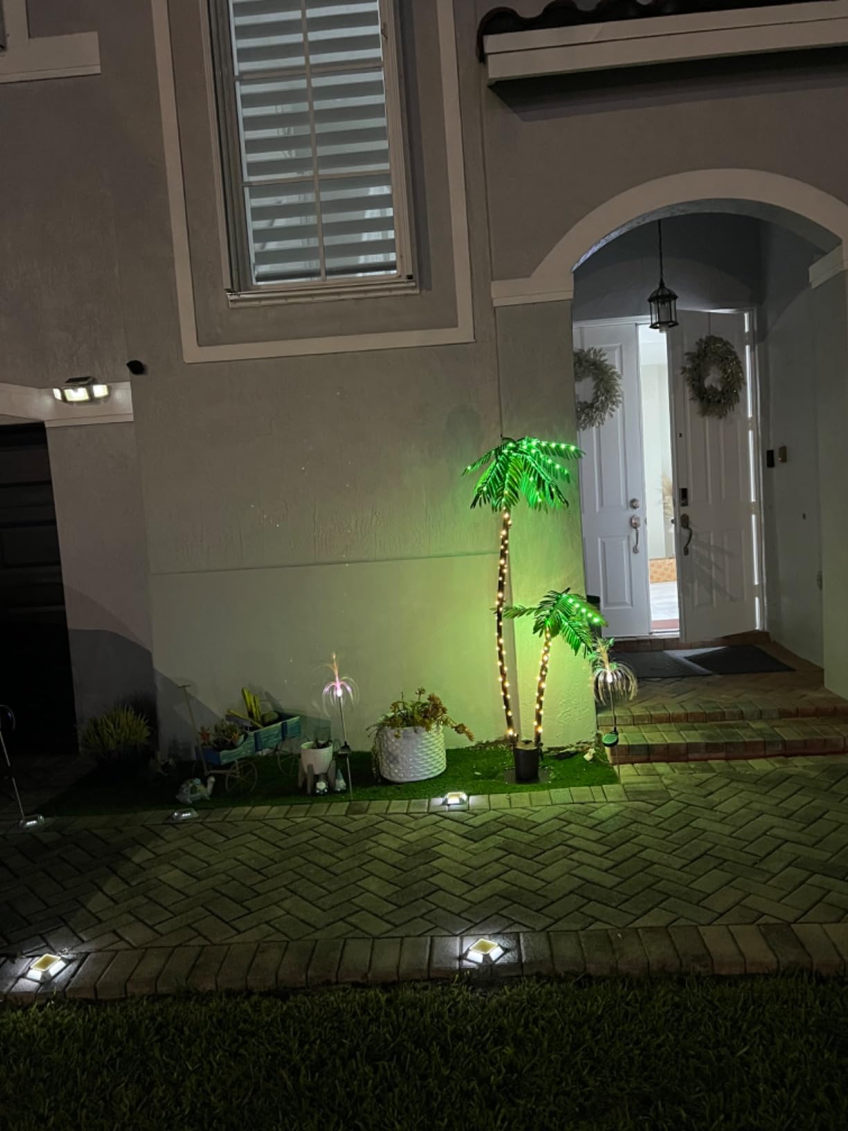 OUSHENG 6ft Lighted Palm Tree LED Artificial Tropical Indoor/Outdoor | Metal trunk with nylon rope, heavy-duty base. 8 lighting modes, IP65 waterproof, Perfect for patio, pool, tiki bar, Christmas customer photo 1