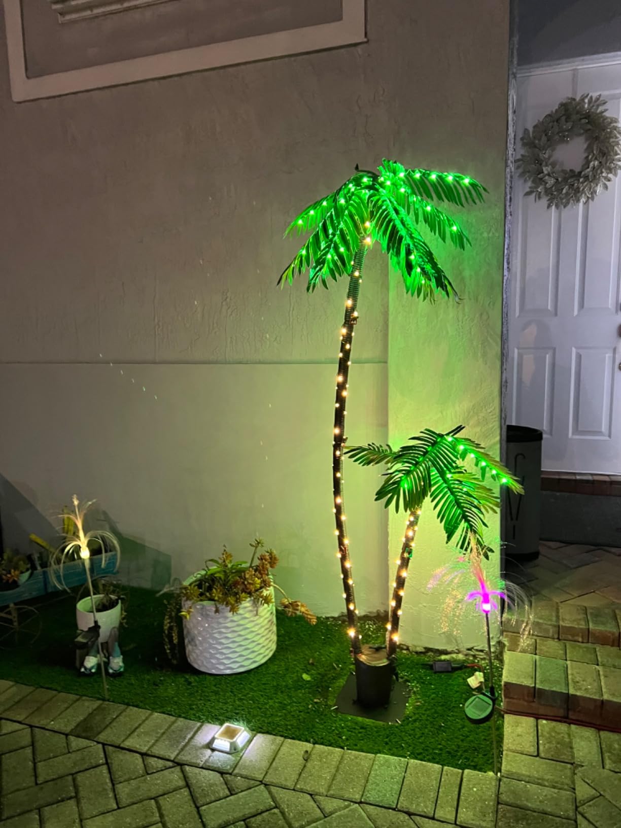 OUSHENG 6ft Lighted Palm Tree LED Artificial Tropical Indoor/Outdoor | Metal trunk with nylon rope, heavy-duty base. 8 lighting modes, IP65 waterproof, Perfect for patio, pool, tiki bar, Christmas customer photo 2