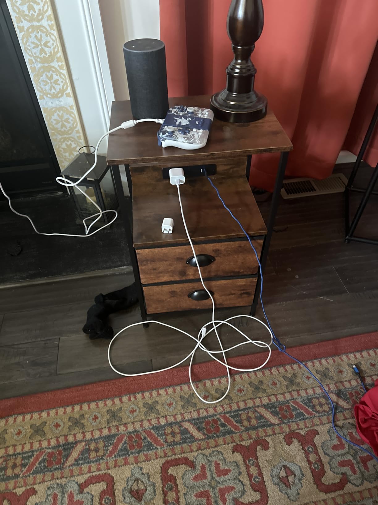 Furologee End Table with Charging Station, Nightstand with Fabric Drawers, Side Tables with USB Ports & Outlets, Night Stand with Storage Shelf & Hooks for Living Room/Bedroom, White customer photo 1