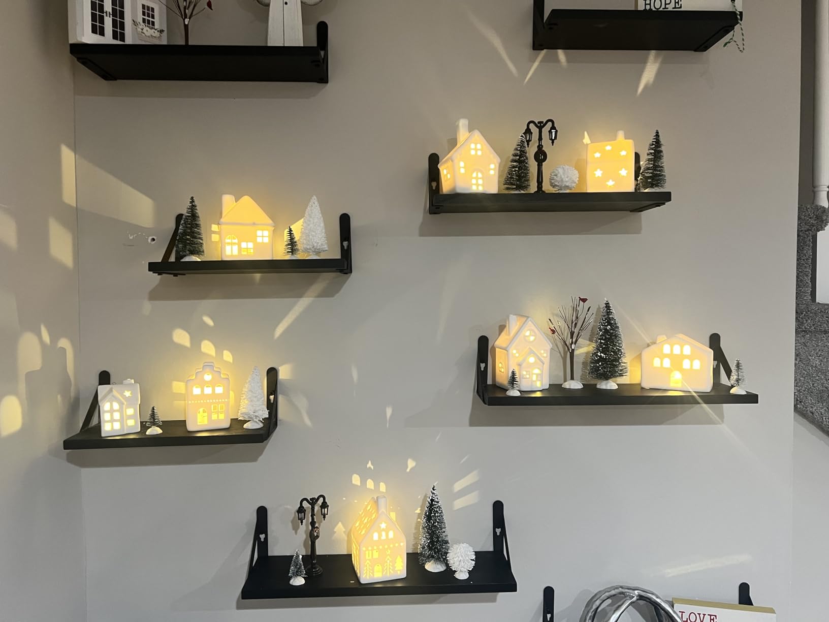 Cindeer 26 Pcs Ceramic Christmas Village Set LED Lighted White, Classic | 8 Lighted Ceramic Houses 16 Trees 2 Lamp Posts, Farmhouse Snow Scene for Mantel Tabletop, Porcelain Holiday Display customer photo 1