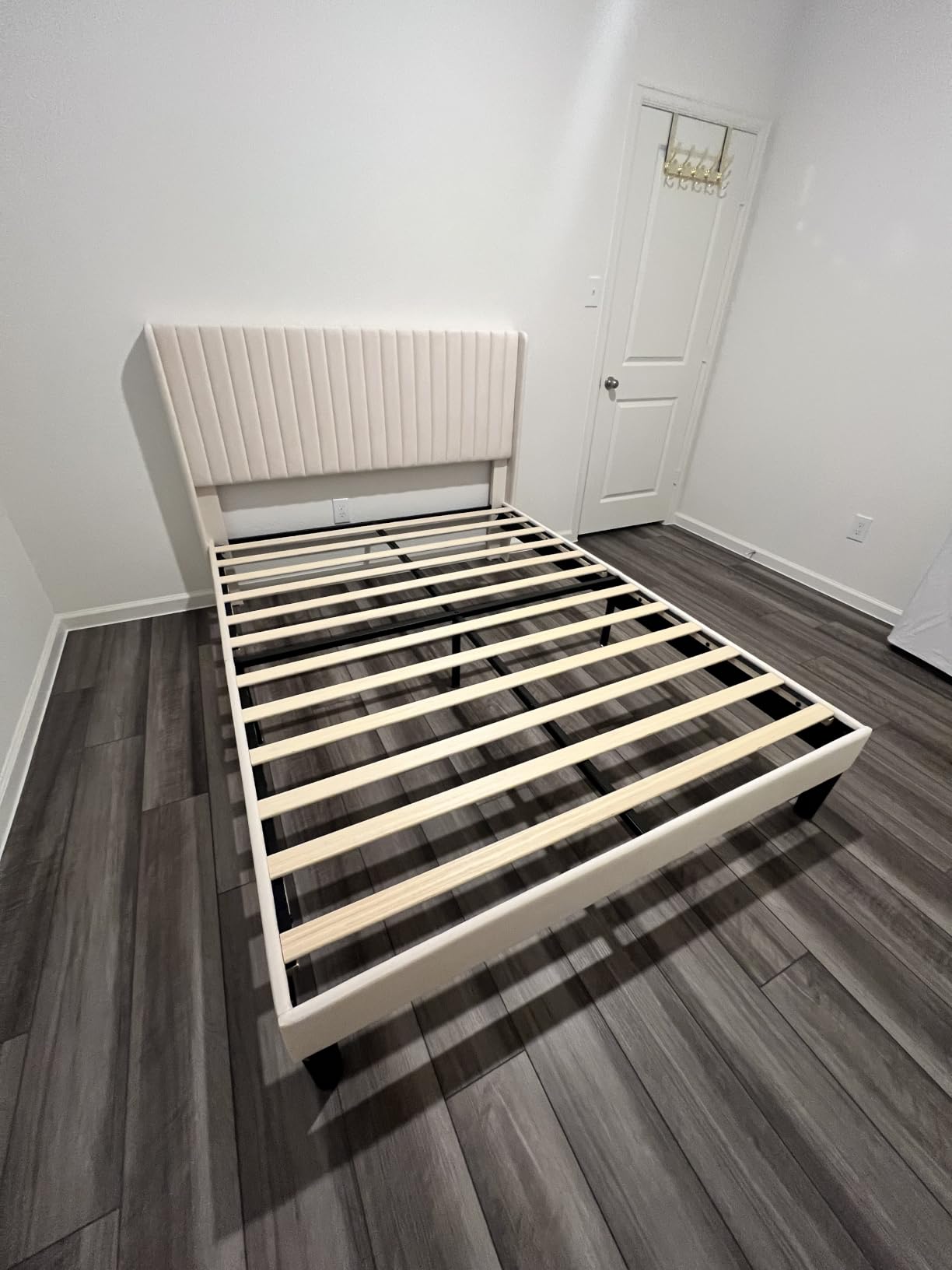 Allewie Queen Size Velvet Bed Frame, Vertical Channel Tufted Wingback Headboard, Upholstered Platform Bed, Strong Wooden Slats, No Box Spring Needed, Easy Assembly, White customer photo 2