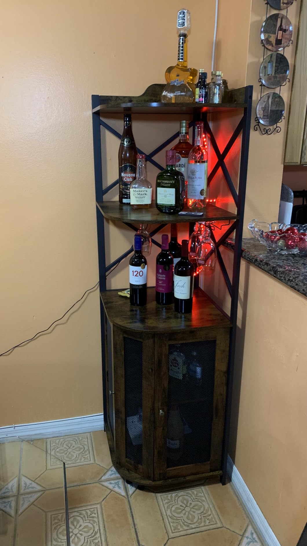 JKsmart Corner Bar Cabinet with LED Lights, 5-Tier Industrial Wine Bar Cabinet with Glass Holder, Farmhouse Liquor Cabinets with Shelf and Door, Home Bar for Coffee Bars, Rustic Brown customer photo 2