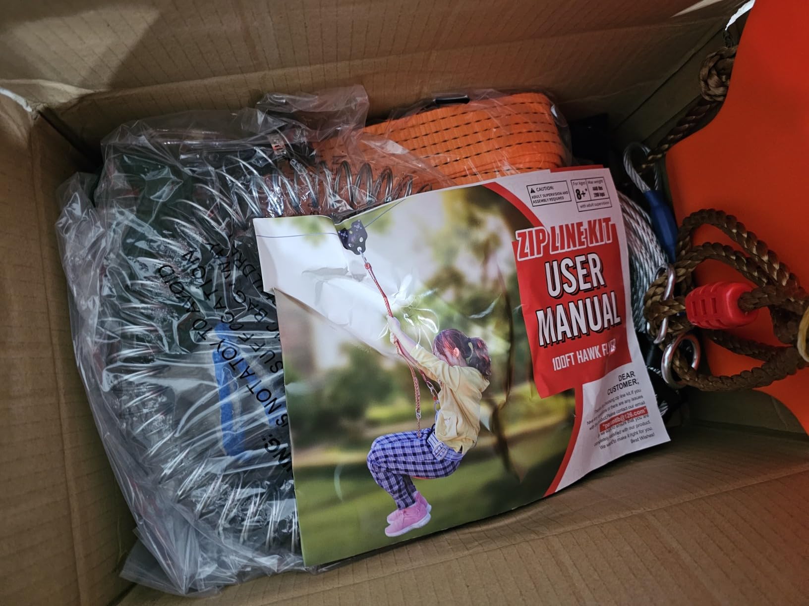 Zipline for Backyard Kids and Adults,Zipline Kits for Backyard with 120ft Cable,6ft Zipline Spring Brake and Belt,Zip line Trolley with Handle,seat and Bag customer photo 1