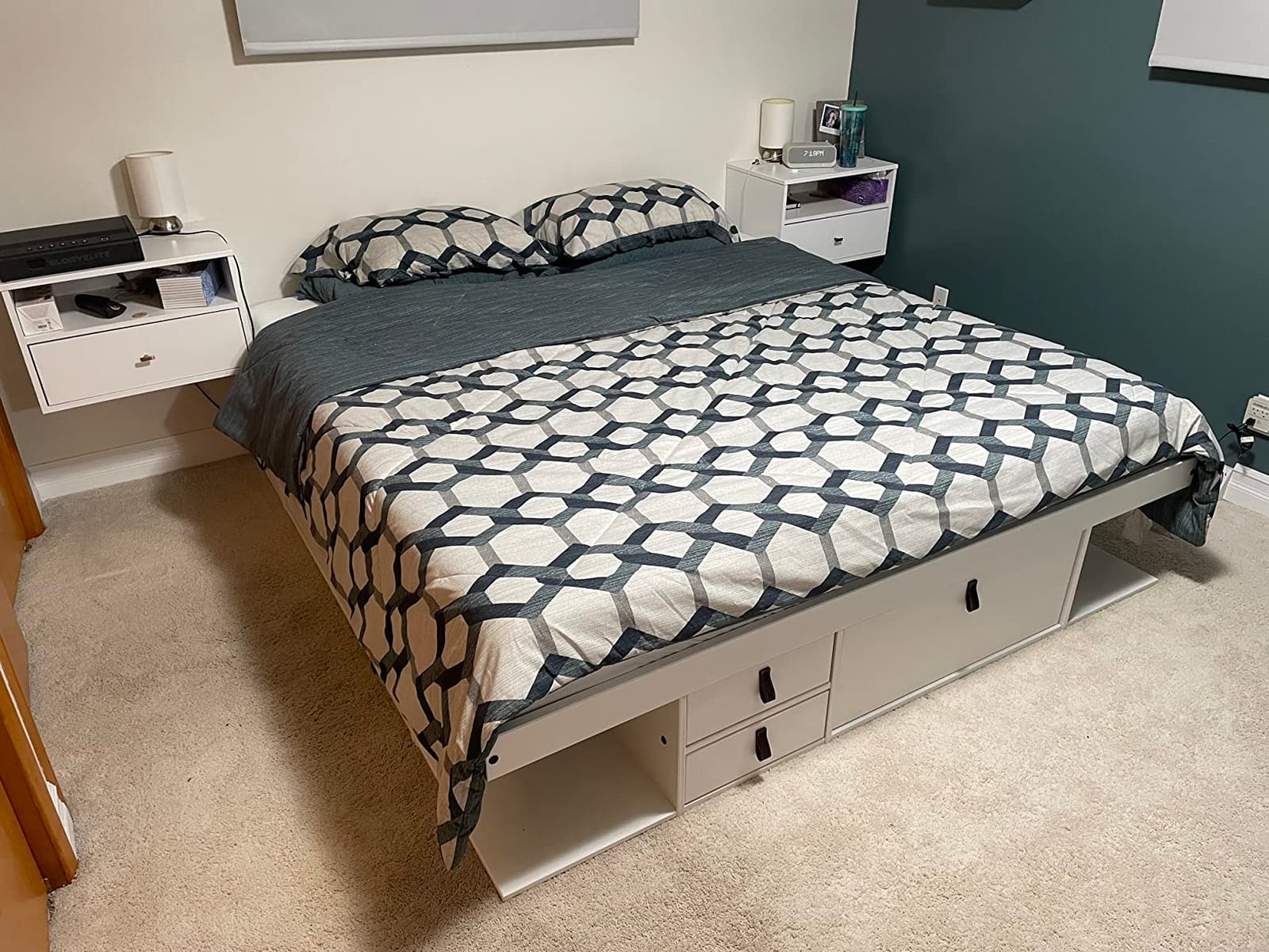 memomad Bali King Size Slim Set: Storage Platform Bed with Drawers and Compartments + Wall Mounted Headboard, Solid Pine Wood Furniture with Underbed Storage, No Box Spring Needed, Caramel Brown customer photo 2