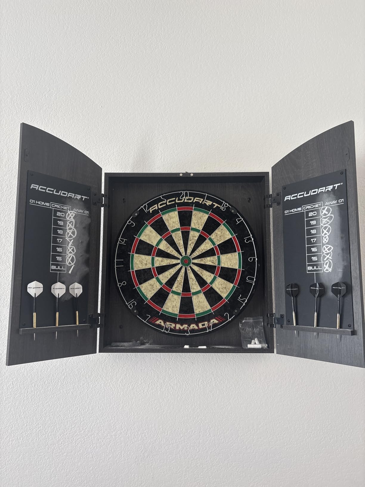 Accudart Armada Bristle Dartboard Cabinet Set, 18-Inch | Self-healing sisal. Round spider wires reduce bounce-outs. Grey wood cabinet with chalkboards. 6 steel-tip darts included. customer photo 2