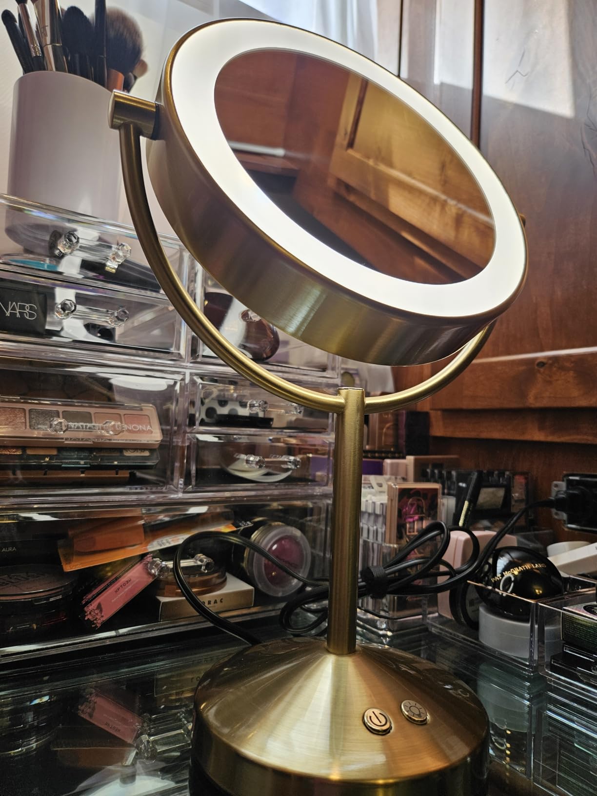 Conair LED Vanity Mirror, Double-Sided, 10x Magnification, Satin Nickel | Lighted makeup mirror with 3 color modes, 360° rotation, satin nickel finish, 5-foot power cord, 8.5