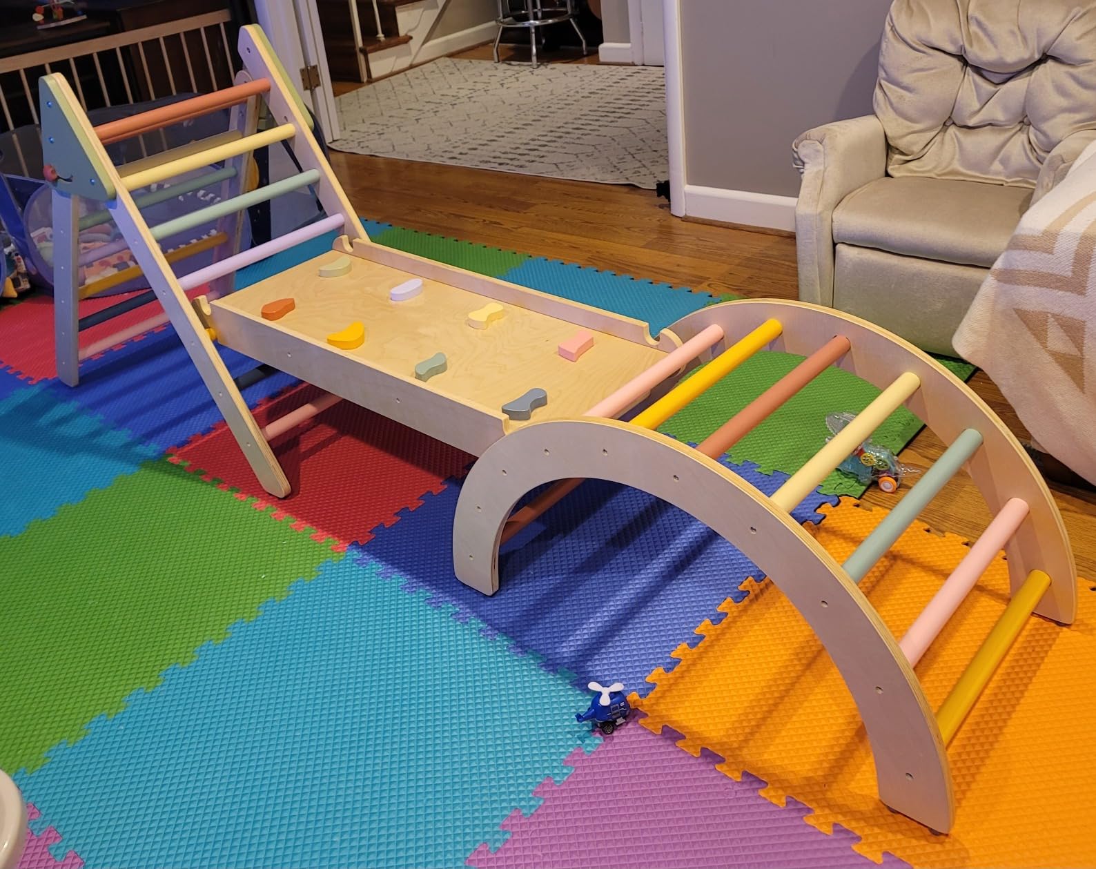 LOL-FUN Foldable Pikler Triangle Climbing Toy with Slide for Toddlers 1-3 | Sturdy solid wood construction supports up to 110 lbs, water-based paint, anti-slip rubber base designed safe for ages 1-3 customer photo 1