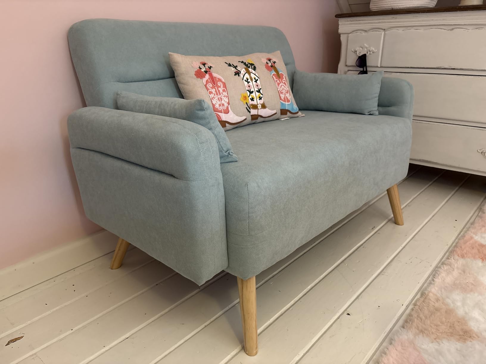 Yaheetech Compact Mid-Century Modern Couch with Wood Legs, Dark Gray | Loveseat Small Sofa in Fabric 2 Seater Couch Features Wood Legs, Lumbar Pillows, Easy Assembly for Living Room, Bedroom, Dorm customer photo 1