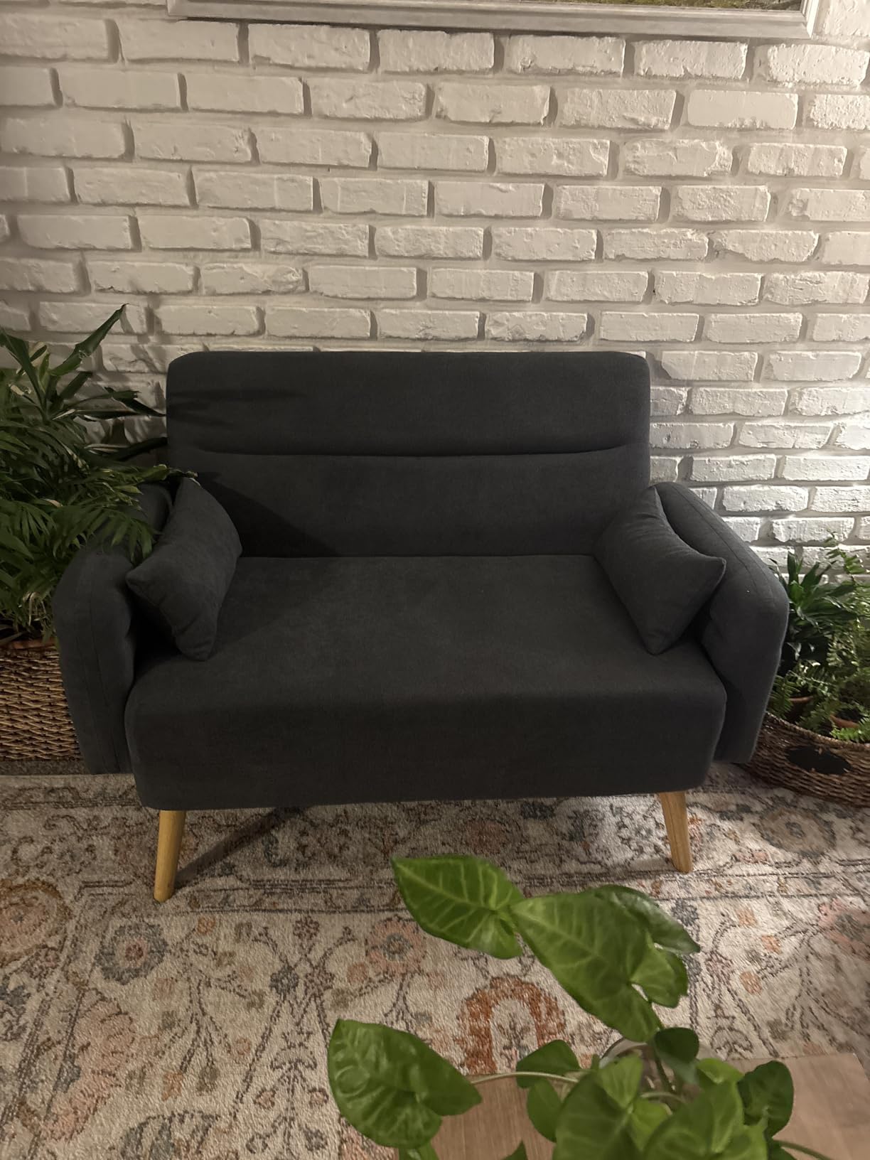 Yaheetech Compact Mid-Century Modern Couch with Wood Legs, Dark Gray | Loveseat Small Sofa in Fabric 2 Seater Couch Features Wood Legs, Lumbar Pillows, Easy Assembly for Living Room, Bedroom, Dorm customer photo 2