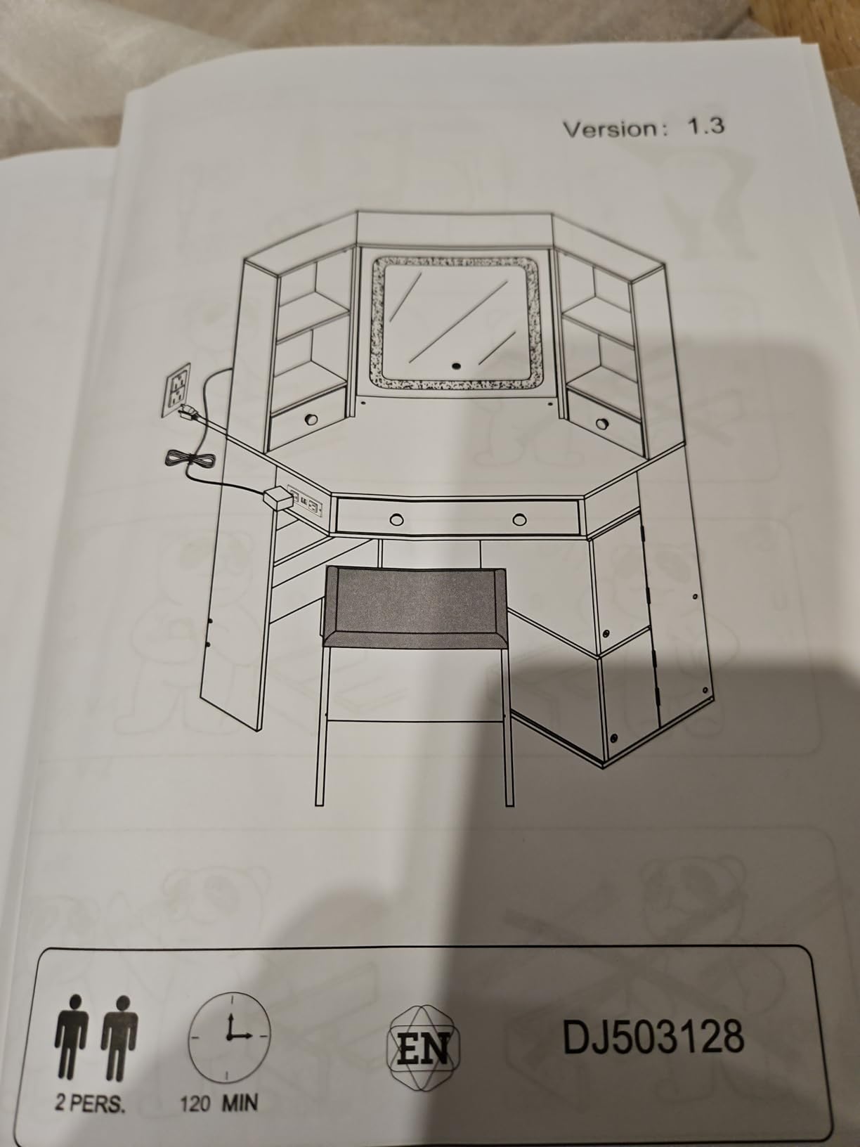 Corner Vanity Desk with Lights and Charging Station, Makeup Vanity with Lights, Vanity Set with Mirror and Storage Stool, Makeup Table with Drawers, Rotating Shelves, White customer photo 2