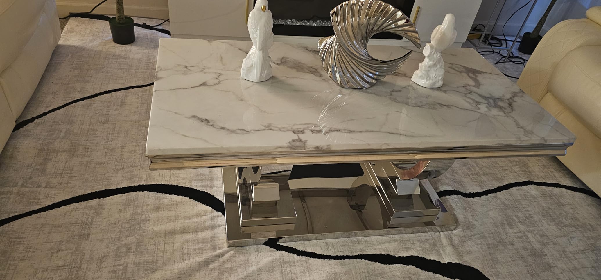 Modern Marble Coffee Table, Rectangular White and Silver with U-Shape Stainless Steel Base with Silver Mirrored Finish for Living Room, Simple Assembly (Silver3) customer photo 2