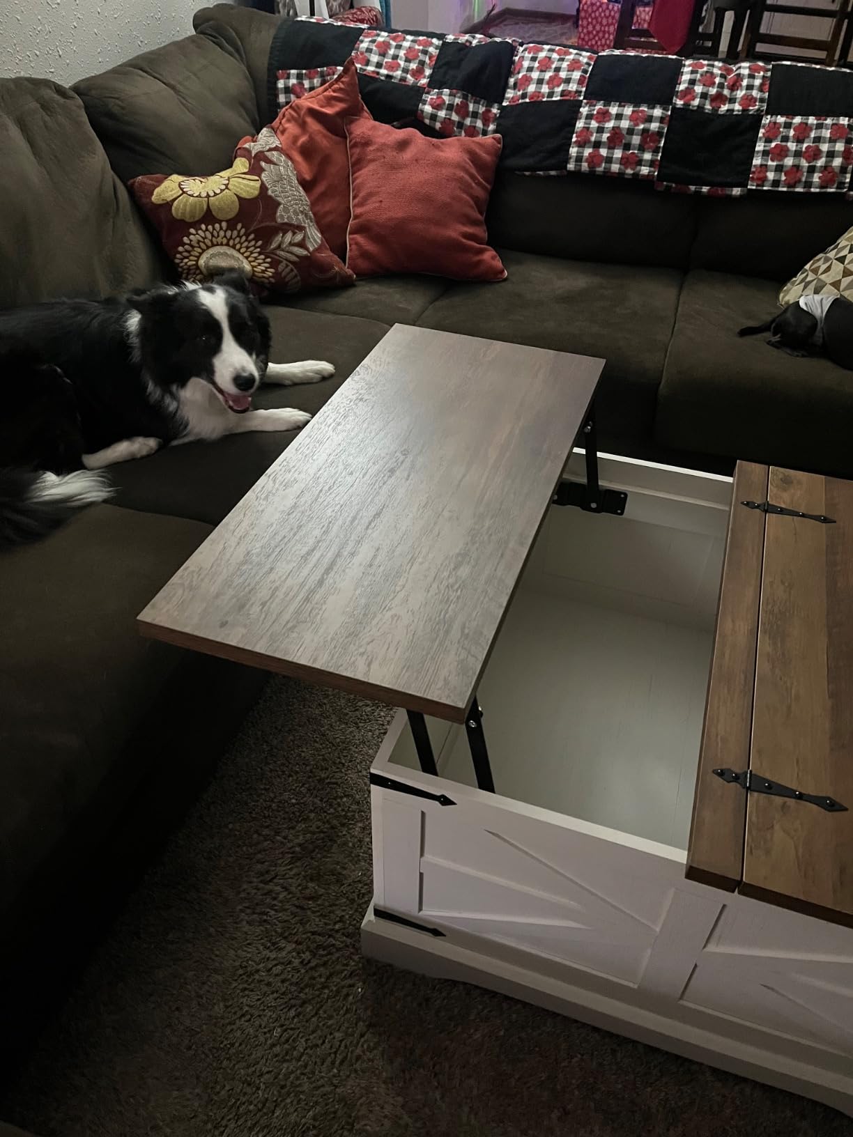 Farmhouse Lift Top Coffee Table, Square Wood Center Table with Large Hidden Storage Compartment for Living Room, Rustic Cocktail White Modern Table with Hinged Lift Top, Brown Top customer photo 1