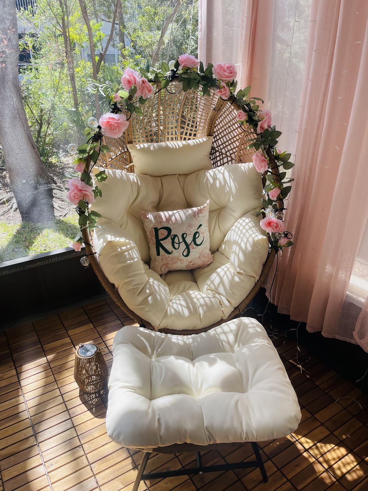 Wicker Egg Chair with Ottoman, Indoor Outdoor Egg Basket Lounge Chair w/Cushion, Oversized Egg Seat with Legs 440 Lbs, Comfy Cozy Boho Style Nest Chair w/Footrest for Patio, Balcony, Beige customer photo 1
