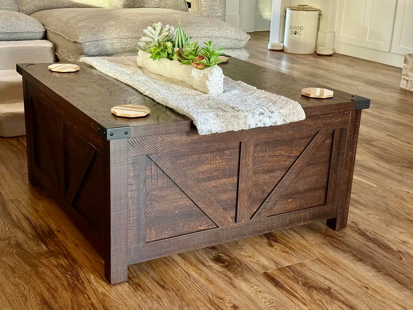 jimeimen Farmhouse Lift Top Coffee Table with Storage, Wood Square Center Table with Charging Station&USB Port, Living Room Table w/Large Hidden Space, for Living Room, Bedroom, Home Office, Brown customer photo 1