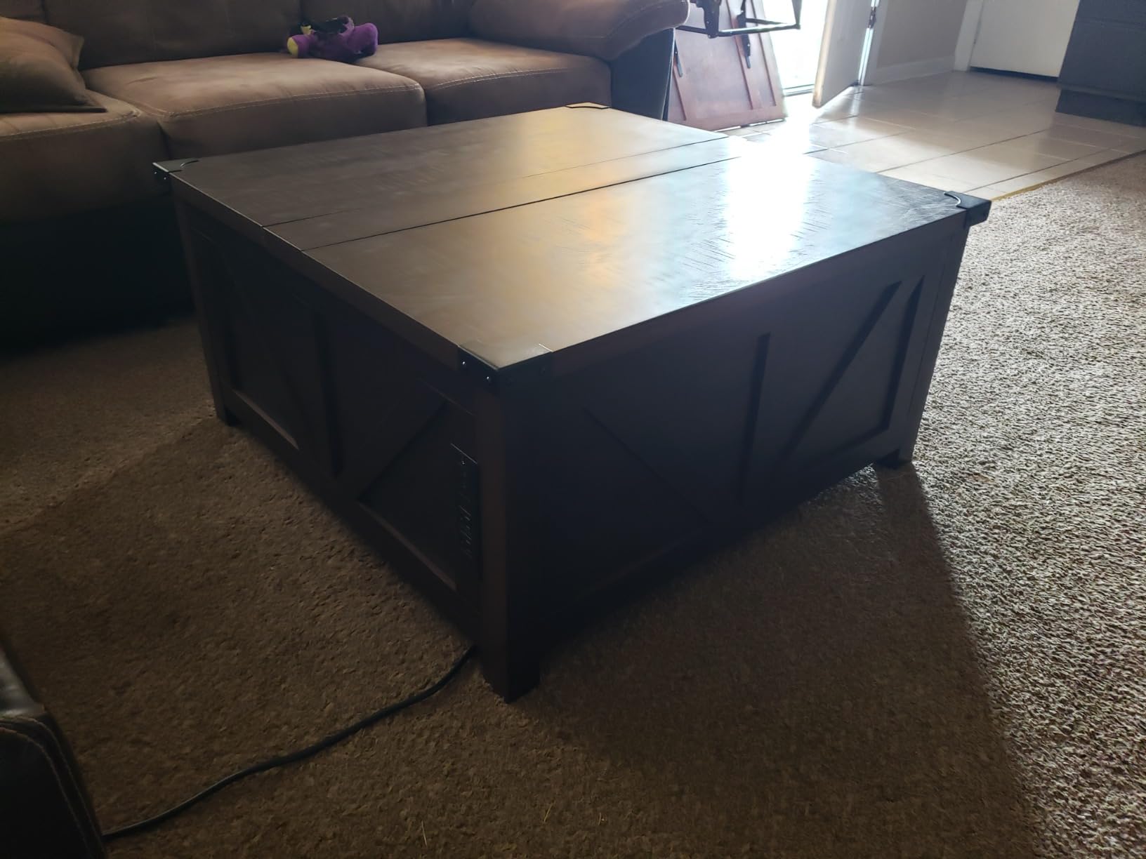 jimeimen Farmhouse Lift Top Coffee Table with Storage, Wood Square Center Table with Charging Station&USB Port, Living Room Table w/Large Hidden Space, for Living Room, Bedroom, Home Office, Brown customer photo 2