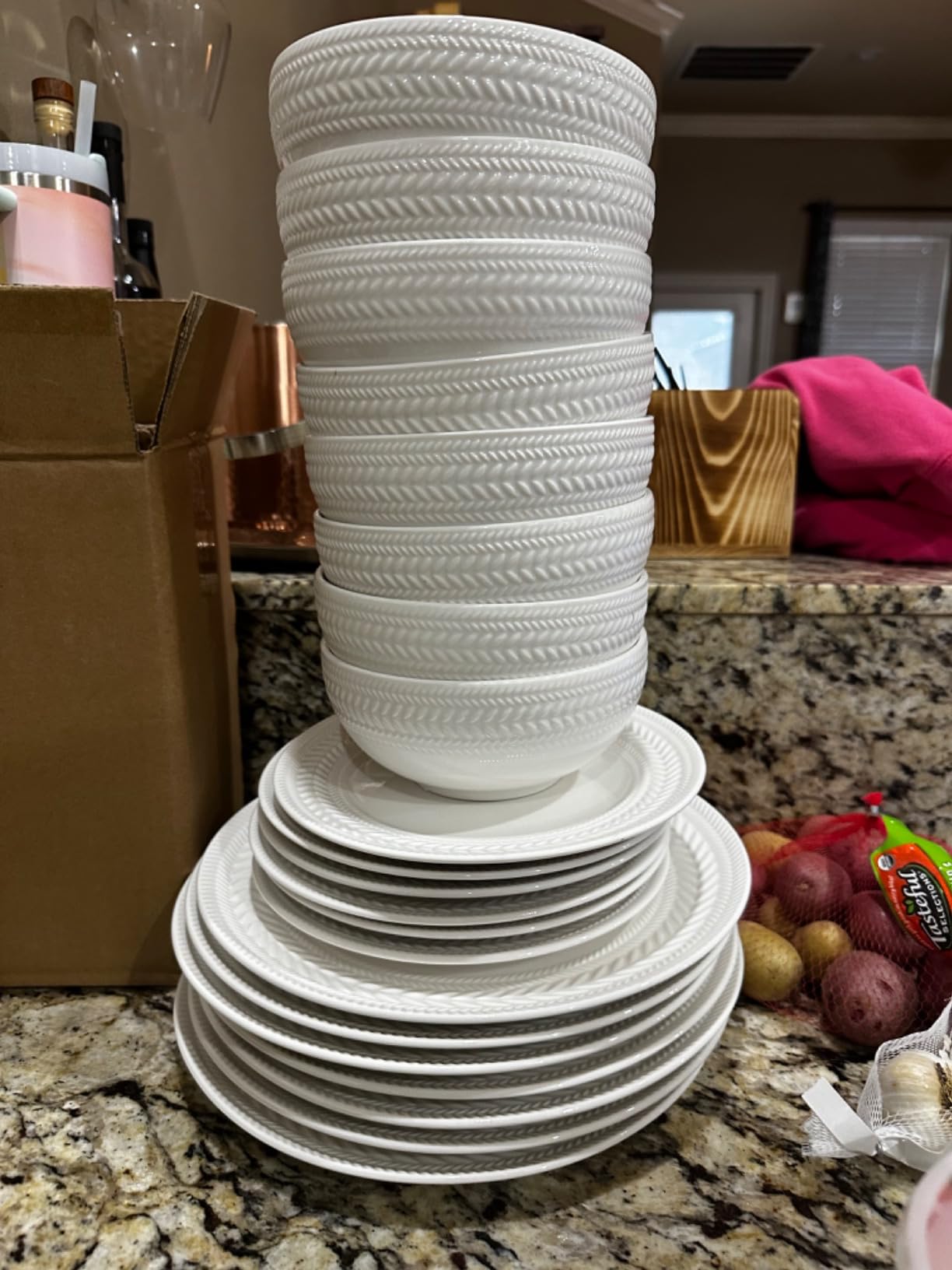 Pfaltzgraff Josephine 24-Piece Dinnerware Set, Porcelain Dish Set with Embossed Basket Weave Design, Service for 8, White Plates and Bowls Sets, Microwave and Dishwasher Safe customer photo 1