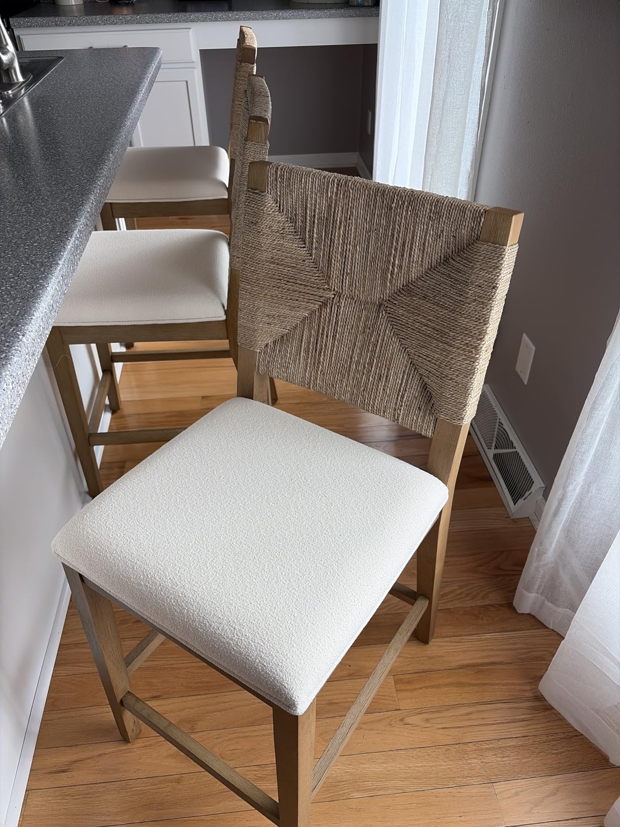 Nathan James Beacon Bohemian Boucle Bar Stool, Upholstered Counter Height Chair with Solid Wood Frame and Woven Seagrass Back for Kitchen Island, Light Brown/Seagrass/Cream Boucle customer photo 1