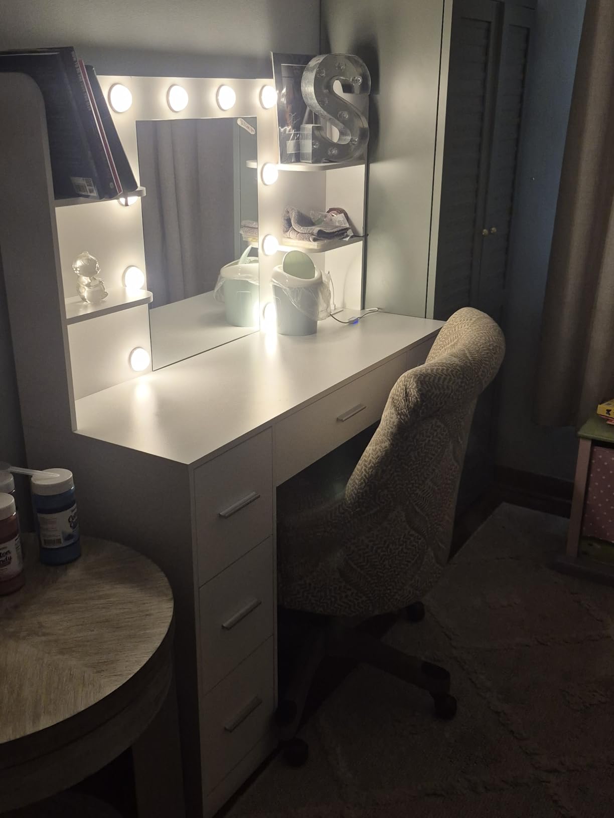 YESHOMY Vanity Desk with Mirror, Outlet, 10 Lights & 7 Drawers,Pure White | Lighted Mirror with 3 Color Modes,Makeup Table,Large Storage Capacity,Available for bedroom customer photo 2