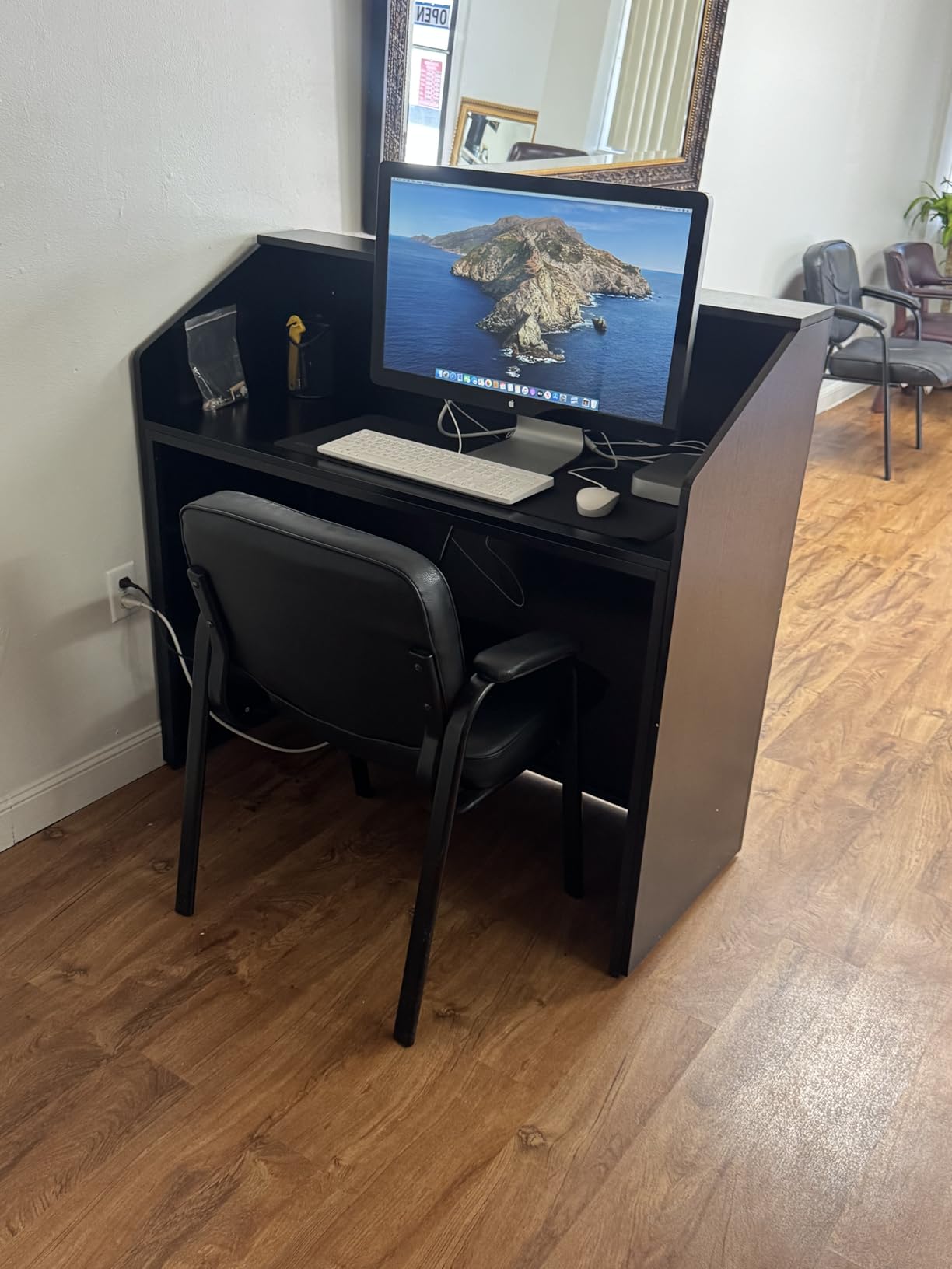 Tribesigns Reception Desk with Counter, Modern Front Desk Reception Room Table with Cable Grommet, 47 inch Retail Counter for Checkout, Lobby, Beauty Salon, Home Office Desk, Black customer photo 2