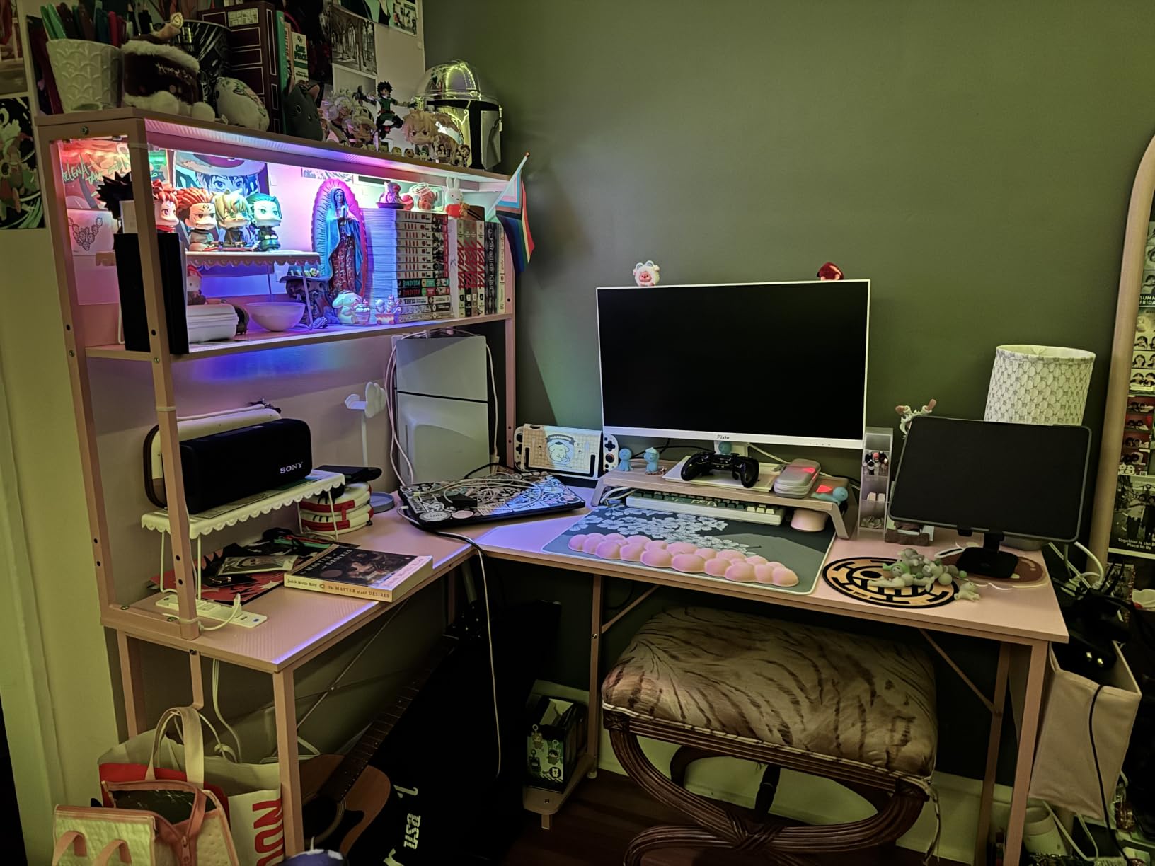 AODK L Shaped Desk Gaming Desk with LED Light & Power Outlet, 53 Inch Black Reversible L Shaped Computer Table with Shelf & Storage Bag & Hook for Home Office customer photo 1