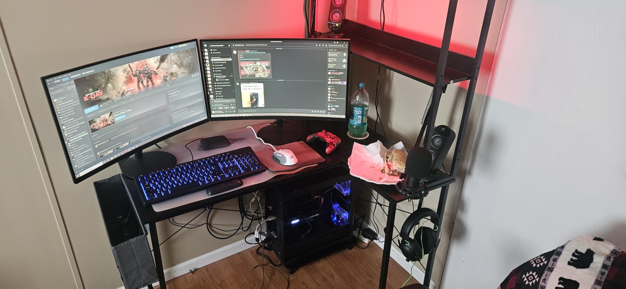AODK L Shaped Desk Gaming Desk with LED Light & Power Outlet, 53 Inch Black Reversible L Shaped Computer Table with Shelf & Storage Bag & Hook for Home Office customer photo 2