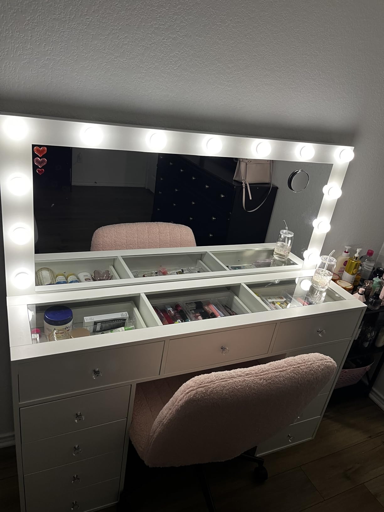 Yanosaku Vanity Desk and Power Outlet, Makeup Vanity with Mirror and 12 LED Lights, Makeup Table with 11 Drawers, Vanity Table with Chair, 3 Lighting Modes Brightness Adjustable (White) customer photo 2
