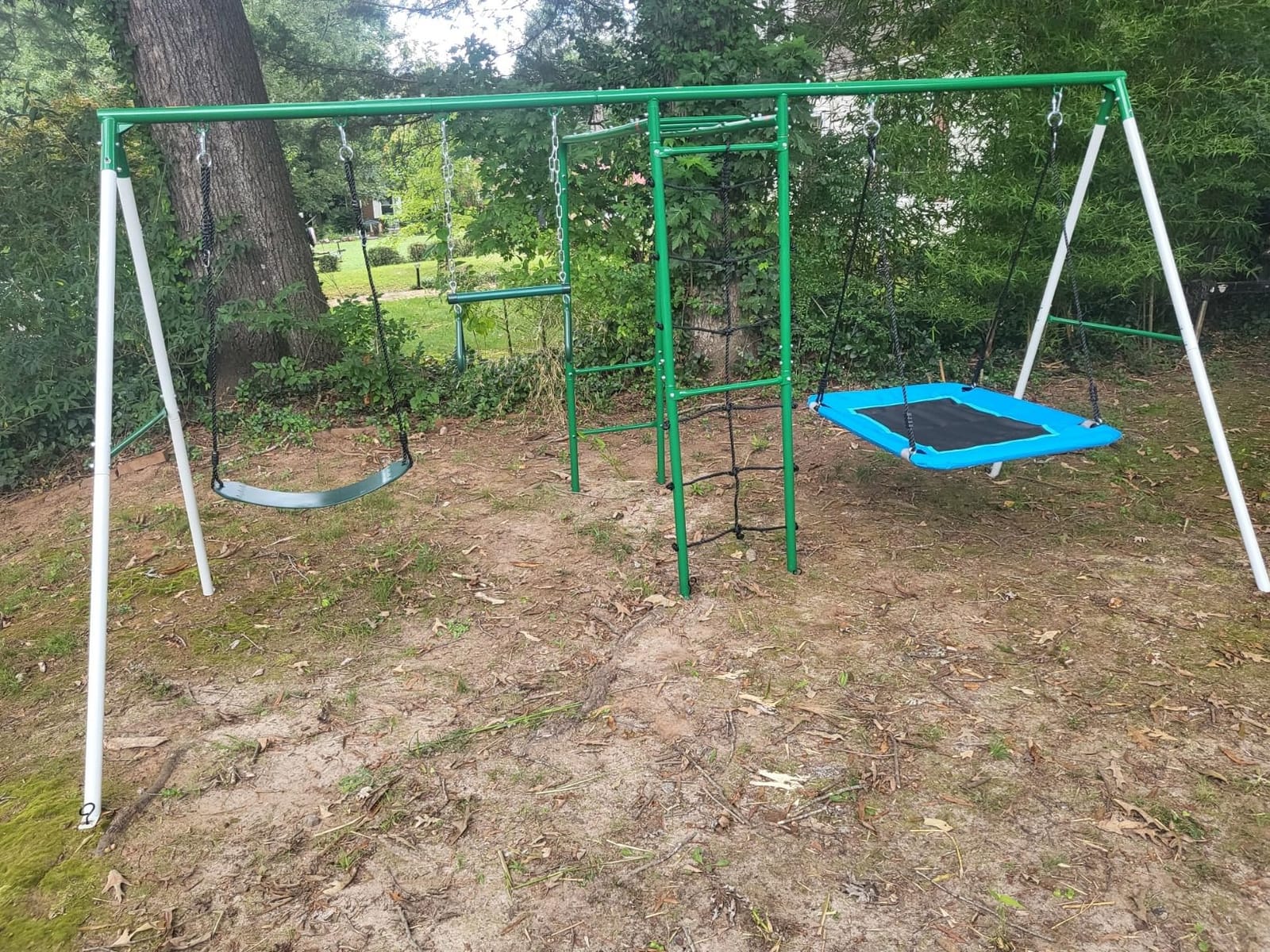 Hapfan Swing Sets for Backyard with Monkey Bars, 5 in 1 Playground Set | Monkey Bars+ Belt Swing + Platform Swing + Climbing Net + Trapeze Bar, ASTM Tested | CPSC Safety Compliant (White & Green) customer photo 2