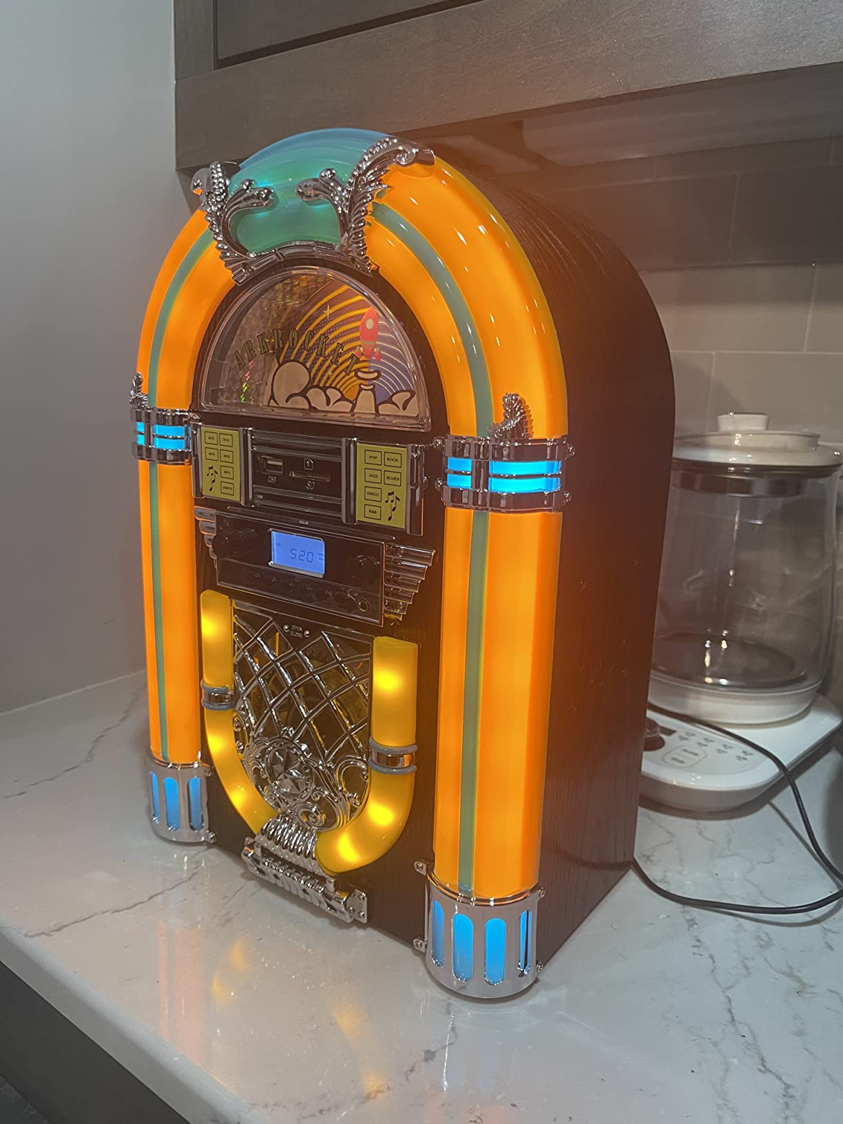 Arkrocket Athena Mini Jukebox/Tabletop CD Player/Bluetooth Speaker/Radio/USB and SD Card Player with Retro LED Lighting System (Black Golden) customer photo 1