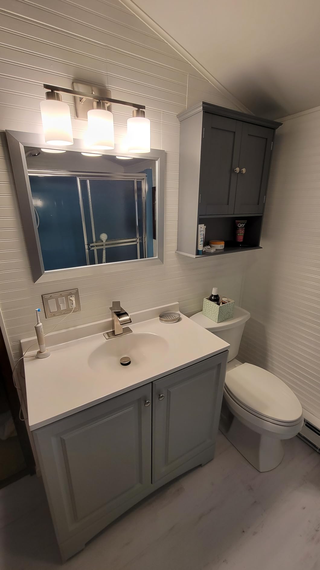 FonmYim Brushed Nickel Bathroom Light Fixtures Vanity Lights Over Mirror | Modern 3-Light Lighting Fixtures for Bathroom With Milky White Frosted Glass Shades, E26 Socket (Bulbs Not Included) customer photo 2