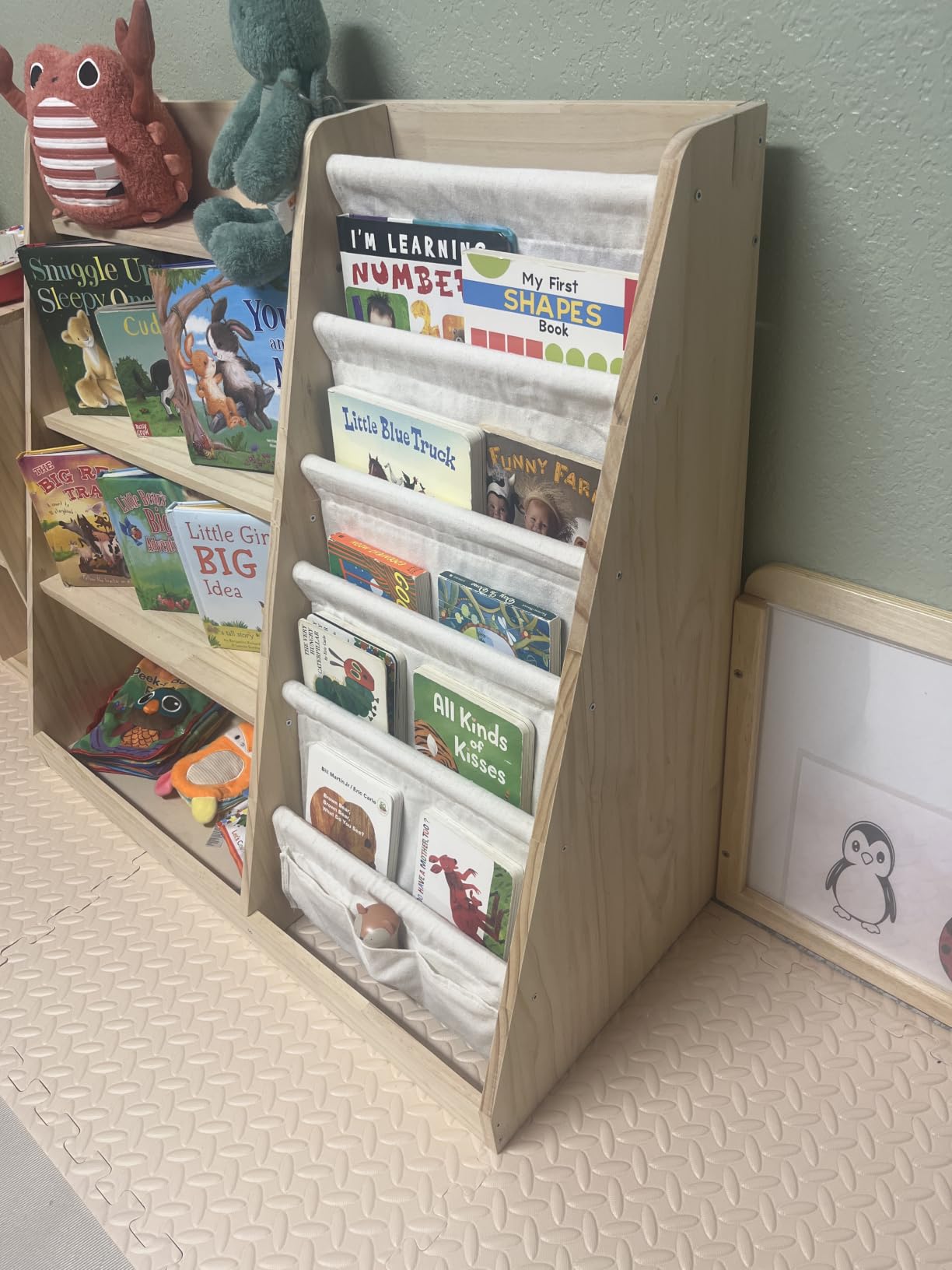 EXPERLAM Kids Bookshelf and Toy Storage Organizer, 4 Tier Wooden Kids Book Shelf with Sling Book Rack in Kids Room Playroom Nursery for Kids, Children, Toddlers customer photo 2