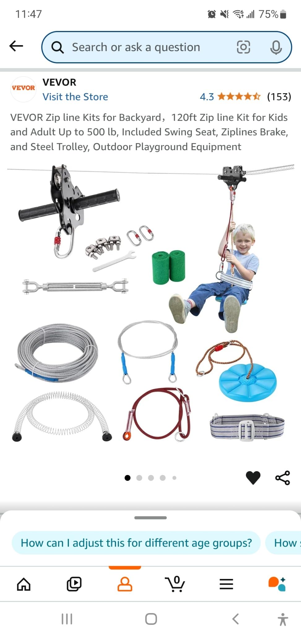 VEVOR Zipline Kit for Kids and Adult, 65 ft Zip Line Kits Up to 330 lb, Backyard Outdoor Quick Setup Zipline, Playground Entertainment with Zipline, Nylon Safety Harness, Seat, and Handlebar customer photo 2