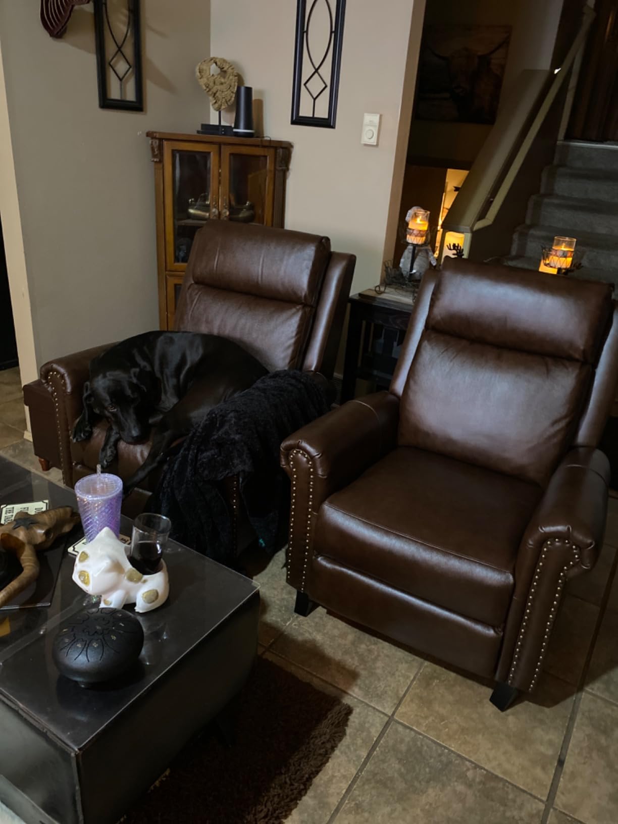 Leather Pushback Recliner Chair, Classic and Traditional Push Back Recliner Chair with Rivet Decoration for Living Room, Adjustable Single Sofa, Brown customer photo 1