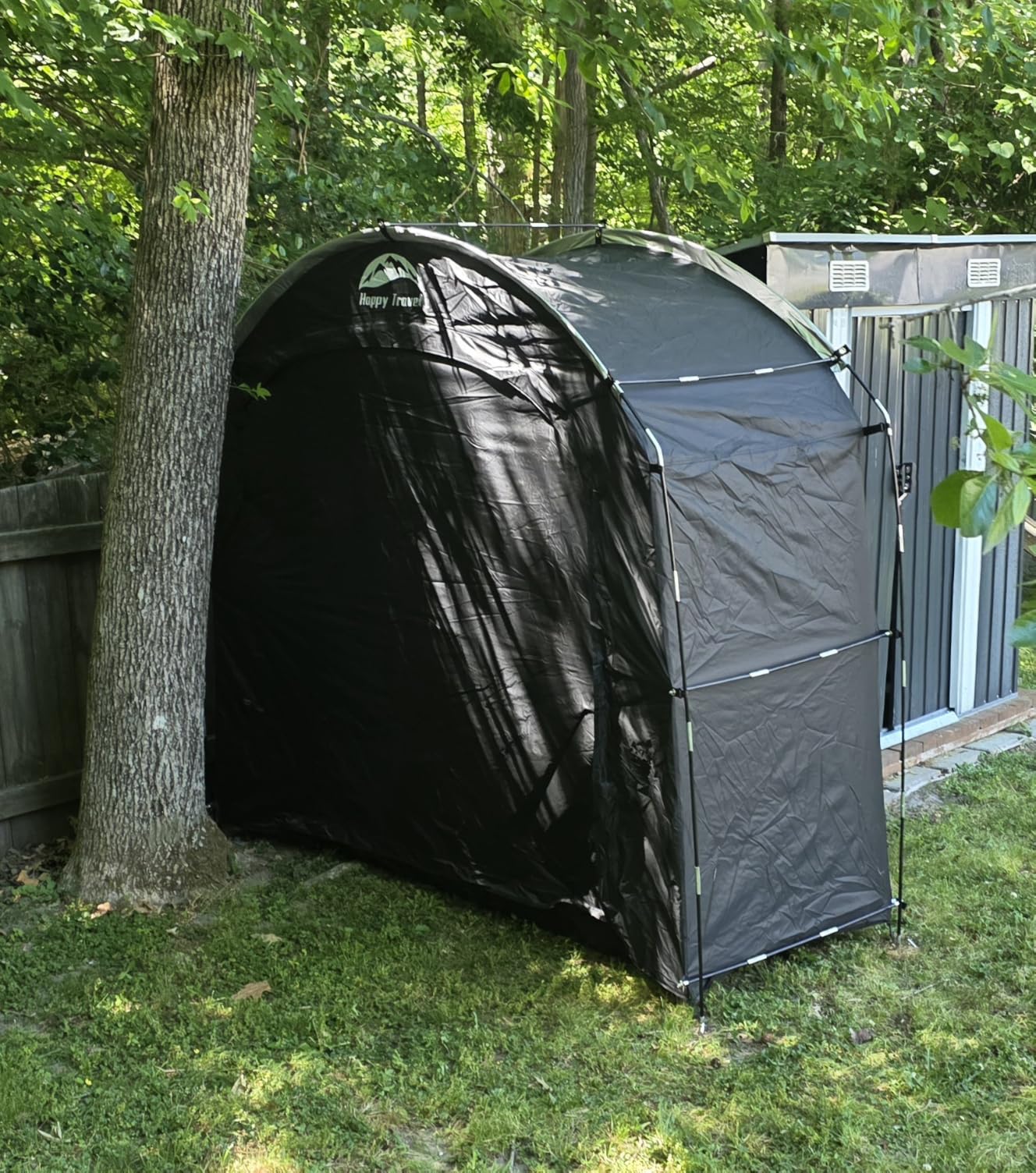 Happy Travel Bike Storage Shed Tent, Waterproof Portable Bicycle Cover Shed | 30% More Top Storage Space for 2/3/4/5 Bikes,Clips Easy Setup Outdoor Sheds Shelter for Motorcycle, Garden Tools, Lawn Mower customer photo 1