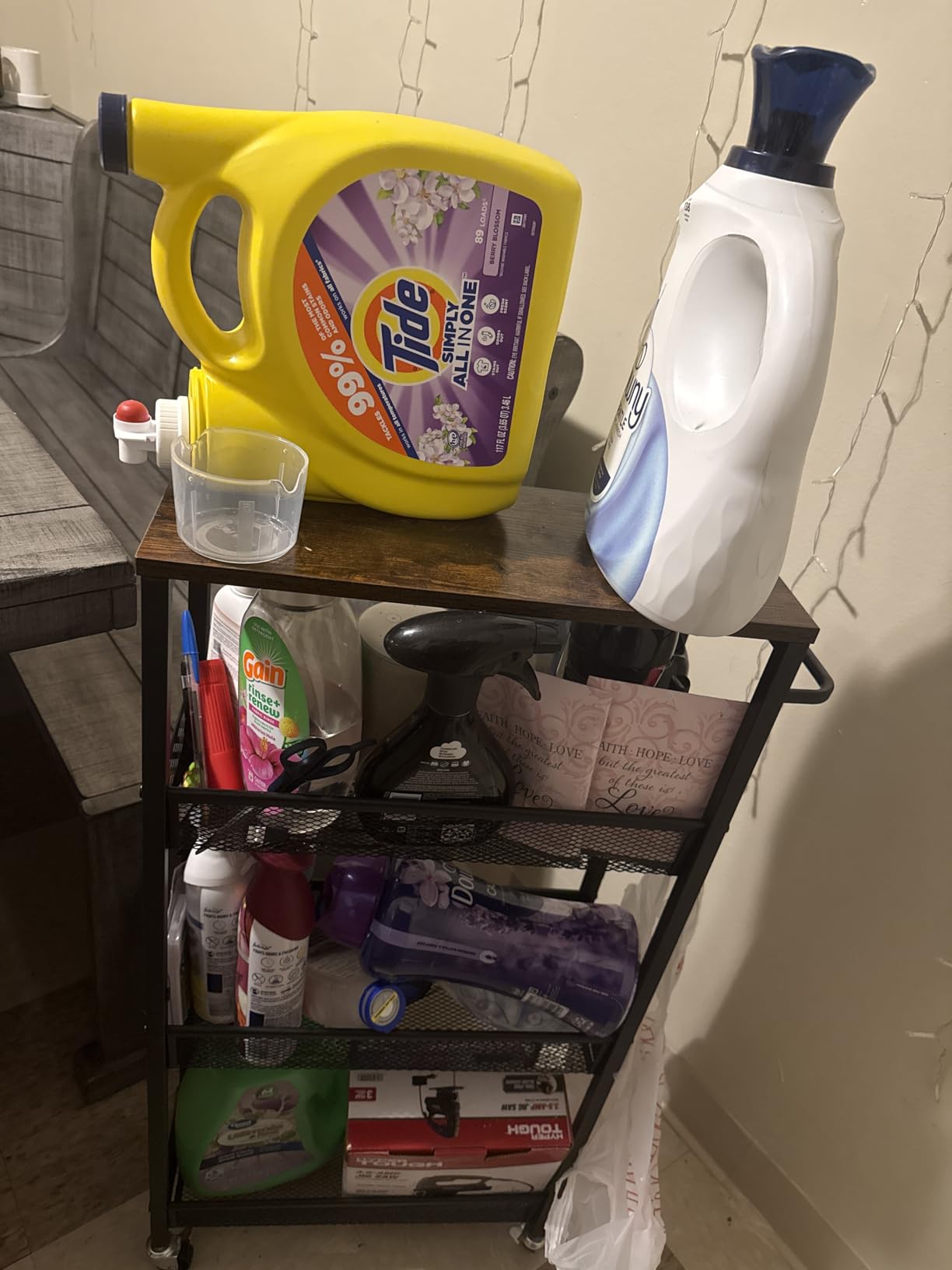 OKZEST Slim Laundry Room Organization Cart with Upgraded Metal Hub Casters | Fits between washer & dryer, 4-Tier space-saving narrow rolling cart, Premium wood top & metal mesh shelf, with handle & hook customer photo 2